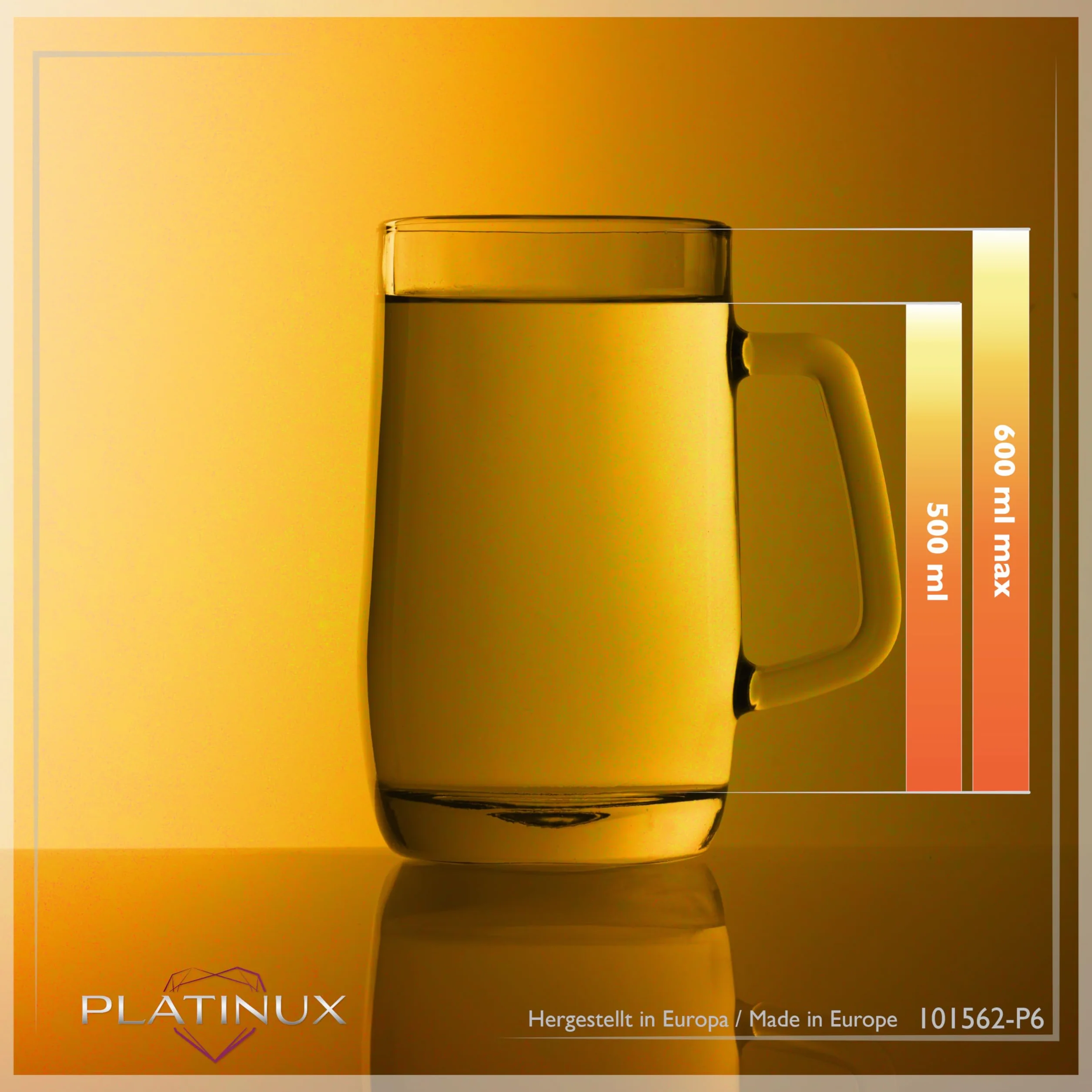 PLATINUX Zestaw 6-częściowy kufel do piwa z uchwytem ze szkła, 500 ml (maks. 580 ml) kufel do piwa kufle do piwa szklanki do piwa 0,5 l kufel do piwa