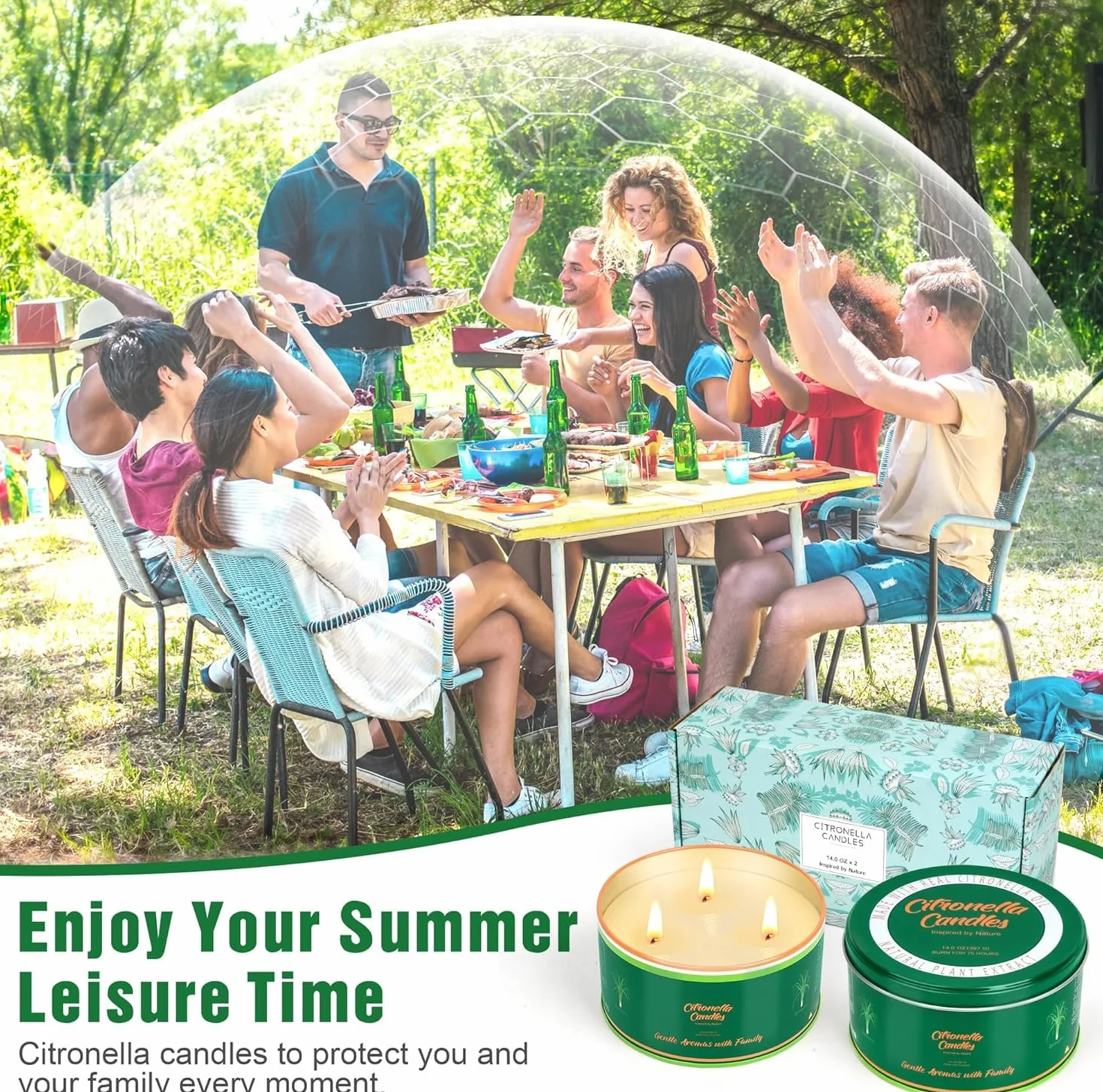 Citronella świeca outdoorowa, ZESTAW 2 SZTUK, każda 400 ml świeca ogrodowa, 3 knoty, czas palenia 75 godzin/sztuka (łącznie 150 godzin), naturalne świece z wosku sojowego na kemping, taras, do ogrodu