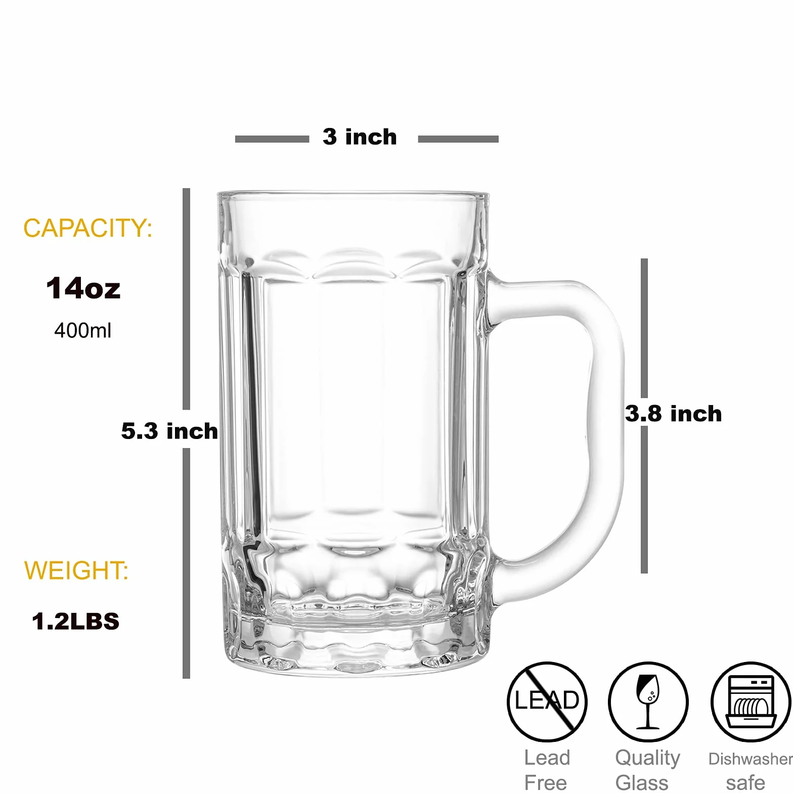 COKTIK 8-pak ciężkich dużych szklanek do piwa z uchwytem - 414 ml szklane kule, klasyczny zestaw szklanek do piwa