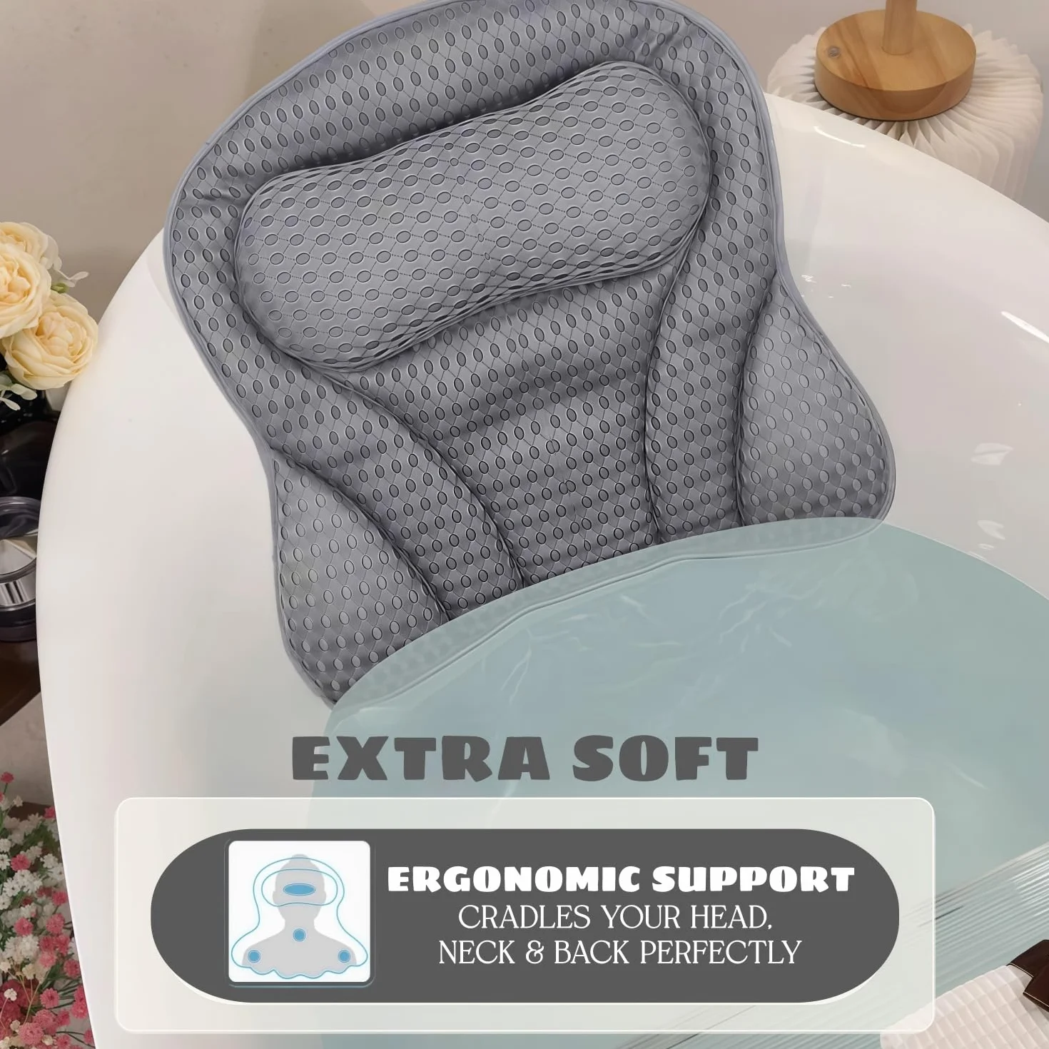 Poduszka do wanny pod kark, poduszka do wanny, poduszka z siateczki 4D, z 6 przyssawkami, poduszka łazienkowa z ergonomicznym dopasowaniem, podpierająca głowę, kark, ramiona, plecy, do domu, spa