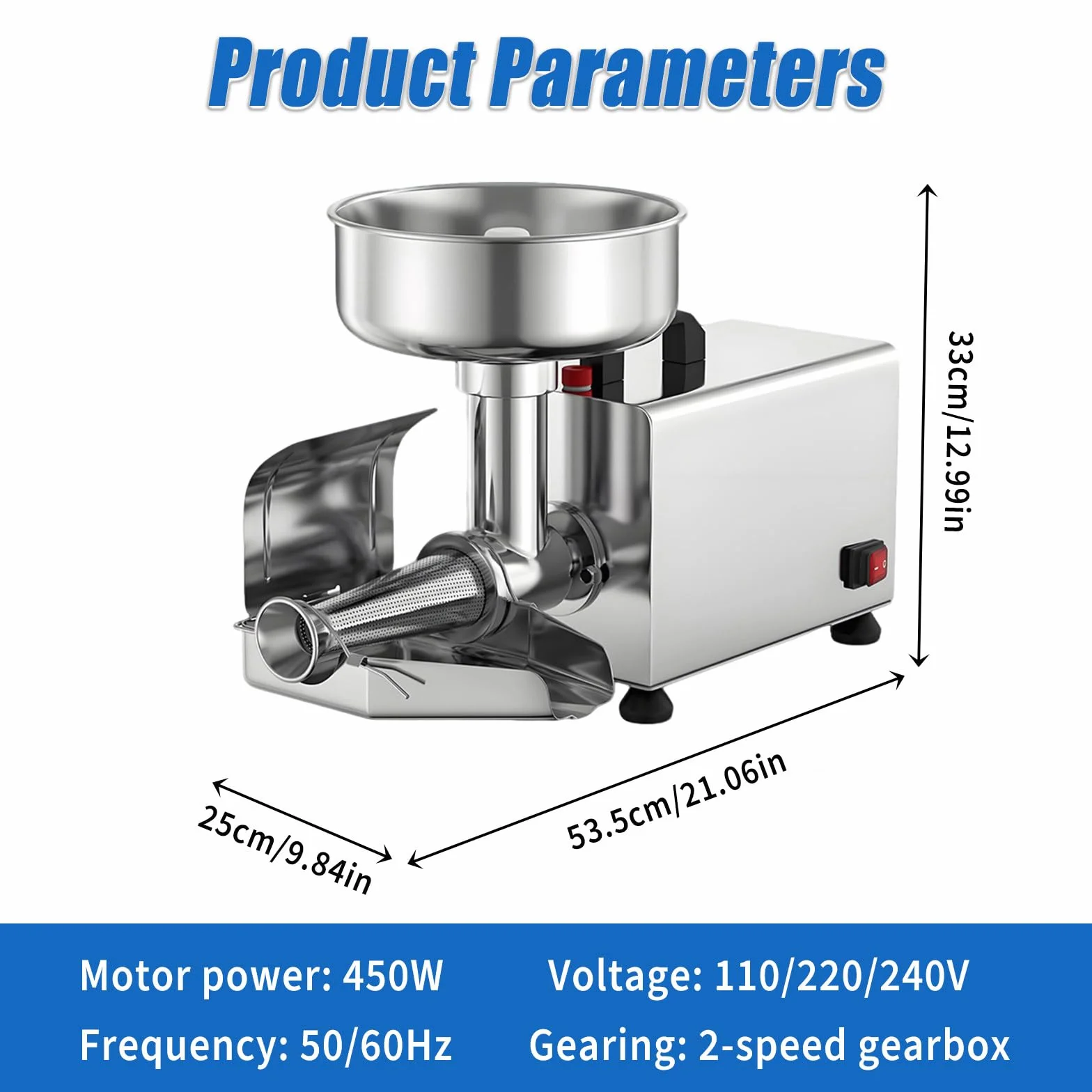 Handlowa Twórca Puree Owocowego Elektryczne Sitko Pomidorowe 450W 8.5 Inch Duży Lopatka Karmienia 304 Stal Nierdzewna dla Robienia Sosu Pomidorów Borówek