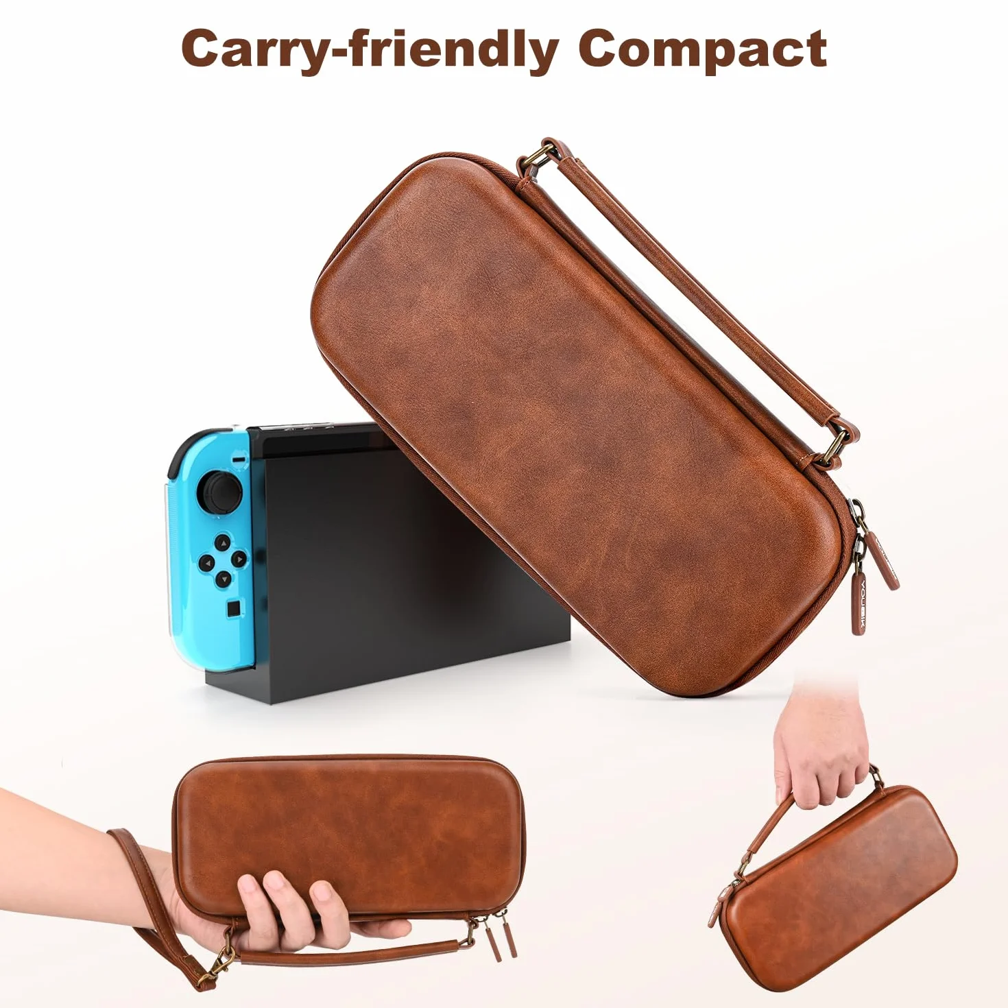 Younik Switch pokrowiec do NS Switch/Switch OLED, etui ze skóry PU z 9 kasetami do gier, przenośna torba do przenoszenia konsoli i akcesoriów (brązowy)