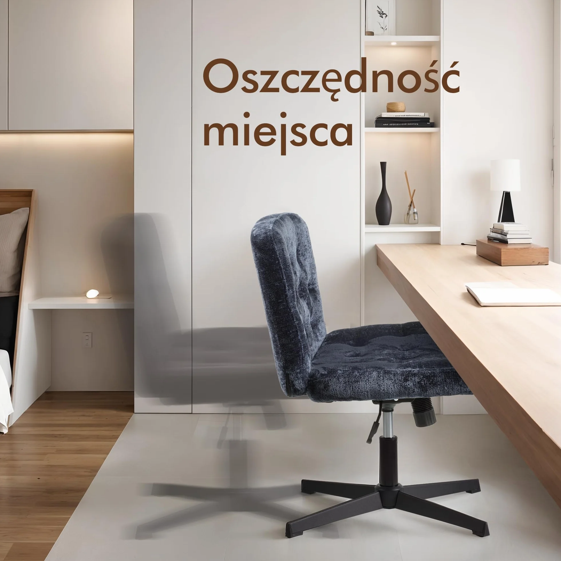 Krzesło na biurko bez ramion, krzesło z szerokim siedziskiem do sypialni, wyściełane krzesło do makijażu z tkaniny, krzesło ze skrzyżowanymi nogami (Niebieski)