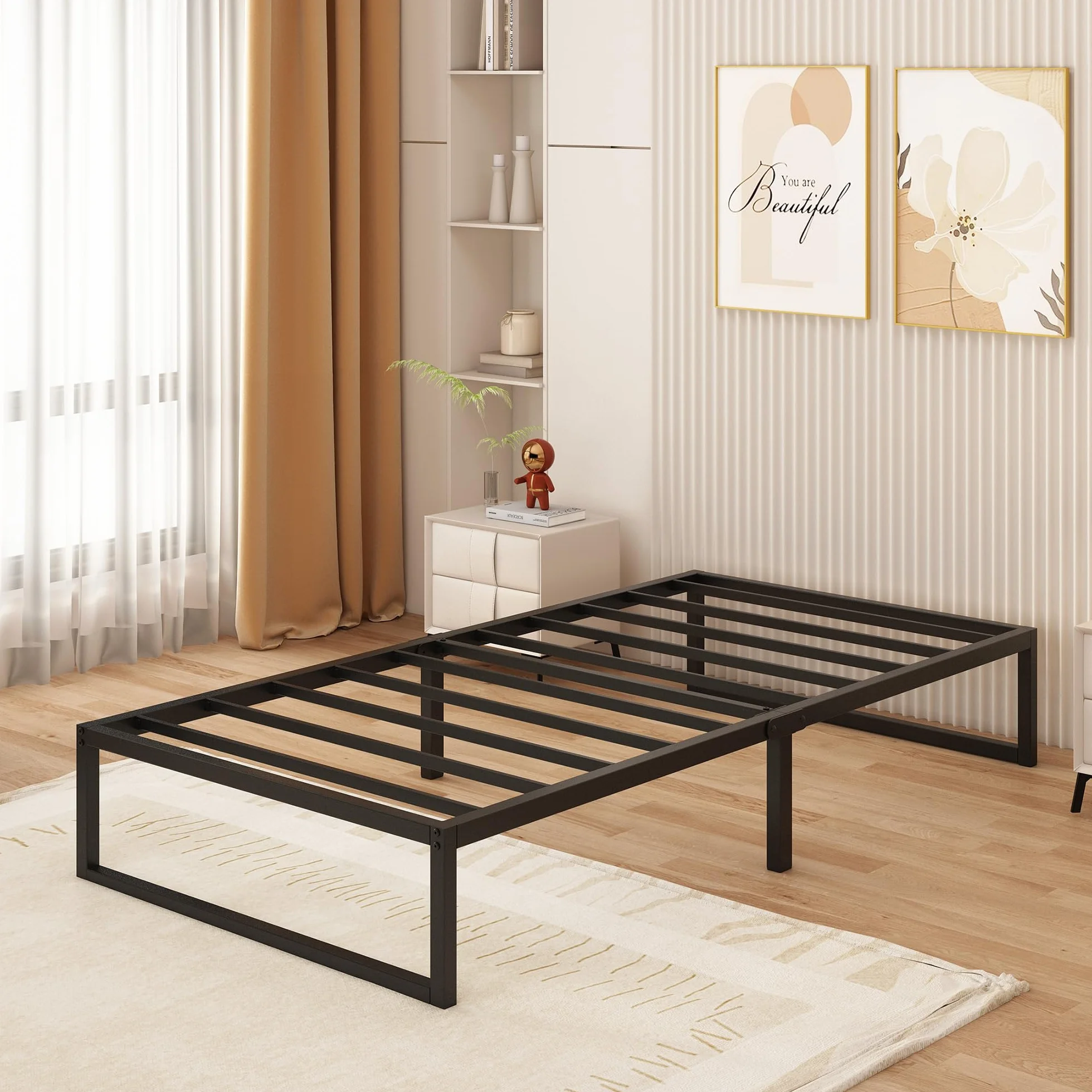 Yicensen Metalowe łóżko 90 x 200 cm ze stelażem metalowym, wysokość 35 cm, rama łóżka, łóżko pojedyncze, stabilny, łatwy montaż, czarne | Nośność 350 kg, wysokość 36 cm, cichy, łatwy montaż, nóżki antyderapants, czarne