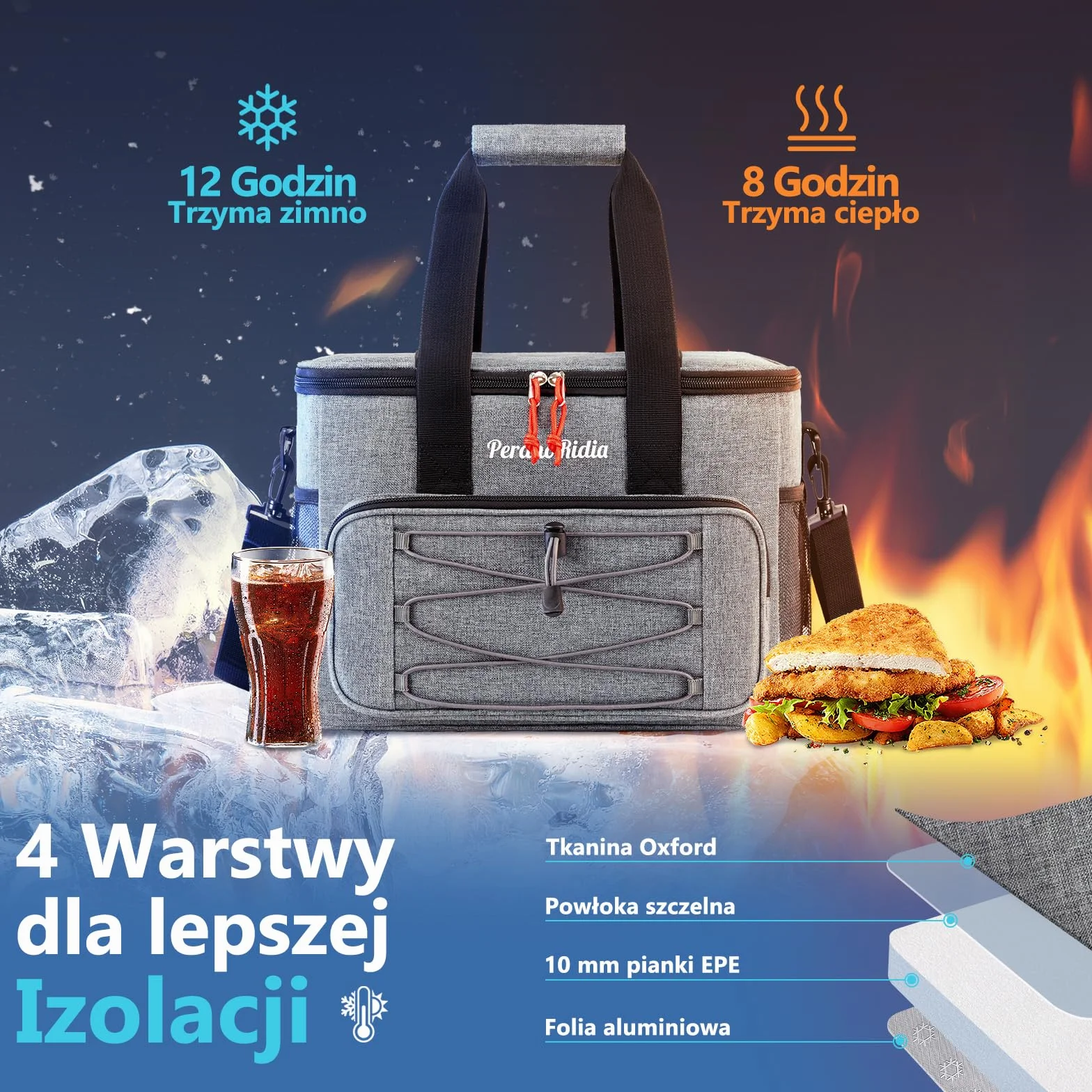 Miękka torba chłodząca 20L, Izolowana średnia żywność, piknikowa Termiczna dla mężczyzn, kobiet i dorosłych, Spakowana plażę, kemping, grill, rodzinne zajęcia na świeżym powietrzu, Szara