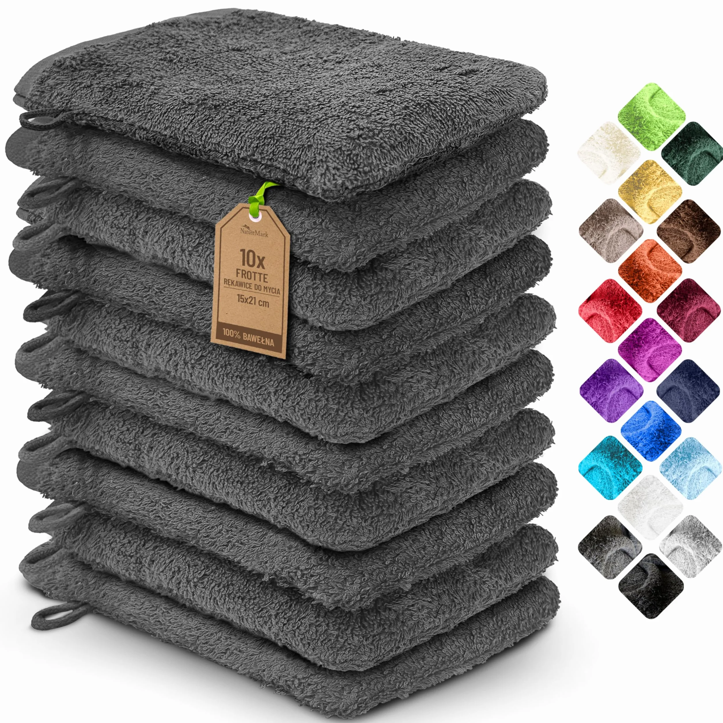 NatureMark Zestaw 10 rękawic kąpielowych z miękkiej frotte 100% bawełna Öko-Tex Antracyt 15x21 cm