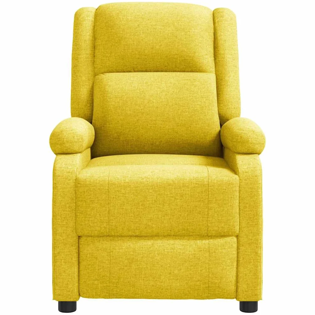 Fotel relaksacyjny, żółty, materiał z regulowanym oparciem i podnóżkiem, ergonomiczny fotel tapicerowany z drewnianą i metalową ramą, wygodny fotel do salonu, biura, kącik do czytania
