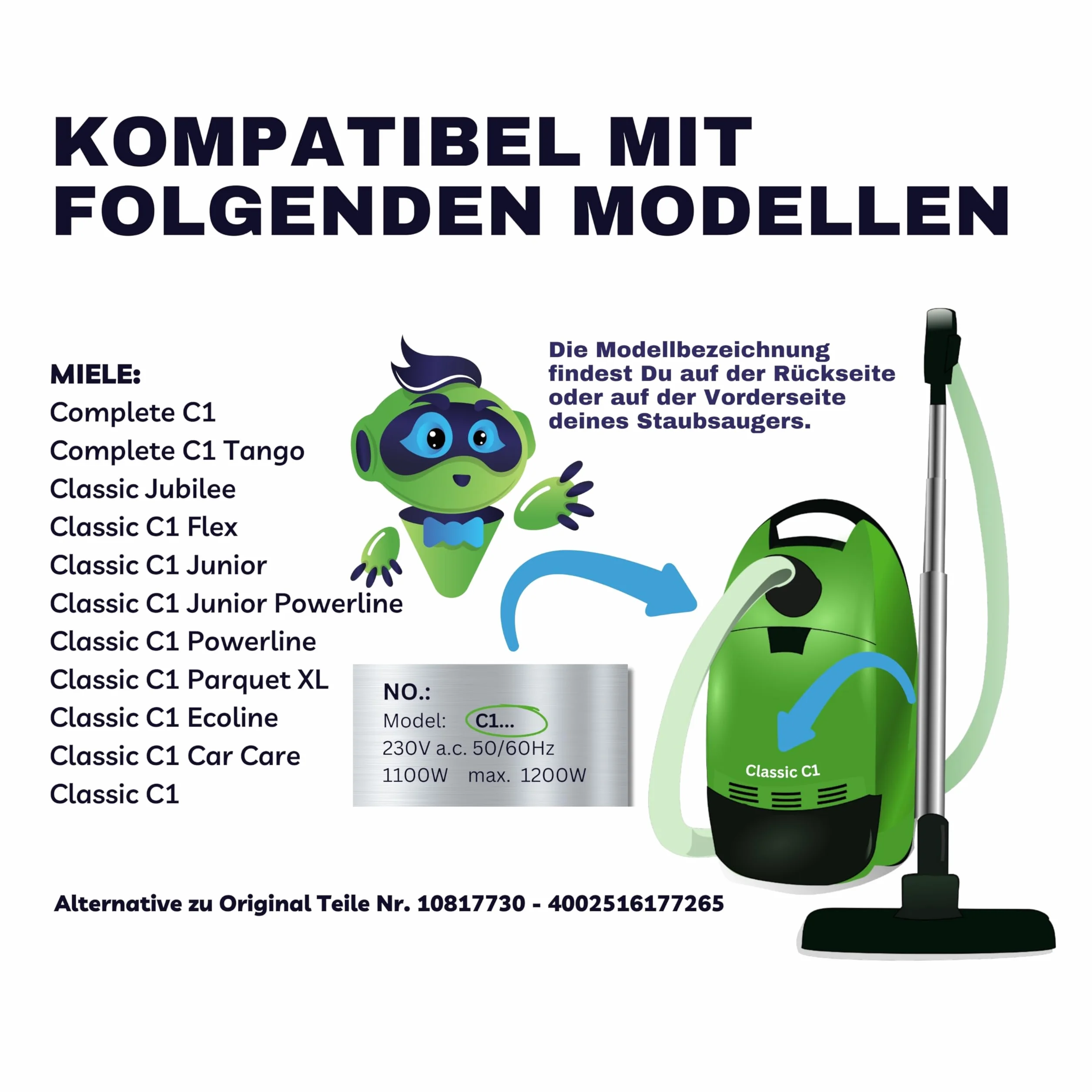 SAFE 'N CLEAN Wąż do odkurzacza kompatybilny ze wszystkimi modelami Miele C1 Classic i C1 Complete (Tango, Flex, Powerline, Parquet XL, Ecoline itd.) - Alternatywa dla 10817730 -
