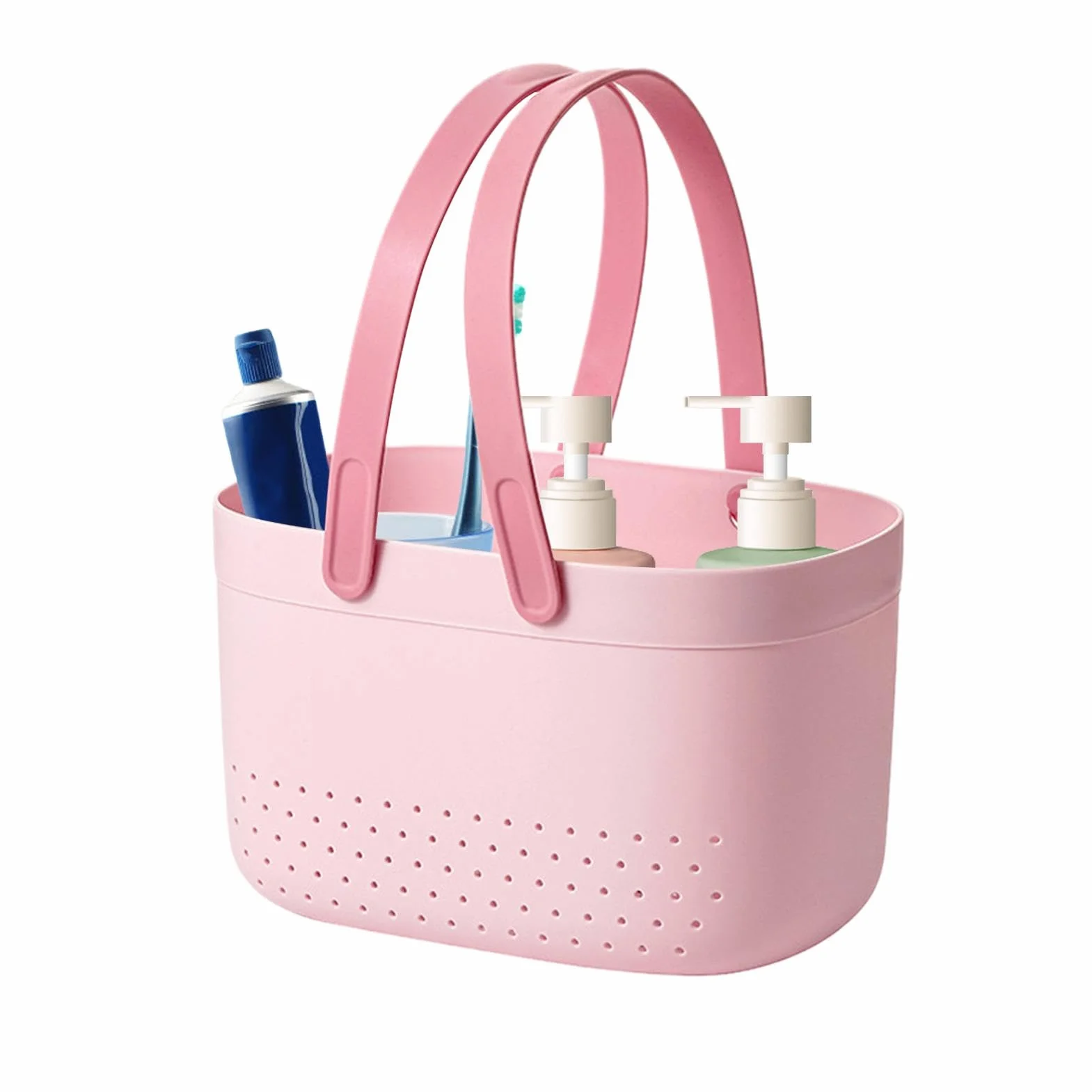 Shower Organizer Basket, Bath Storage Bin, Toiletry Basket with Handles, Drainage Shower Organizer, 25x17x14.5cm Storage Basket for Bathrooom PP+ Shower Bin, Lightweight, Pink White