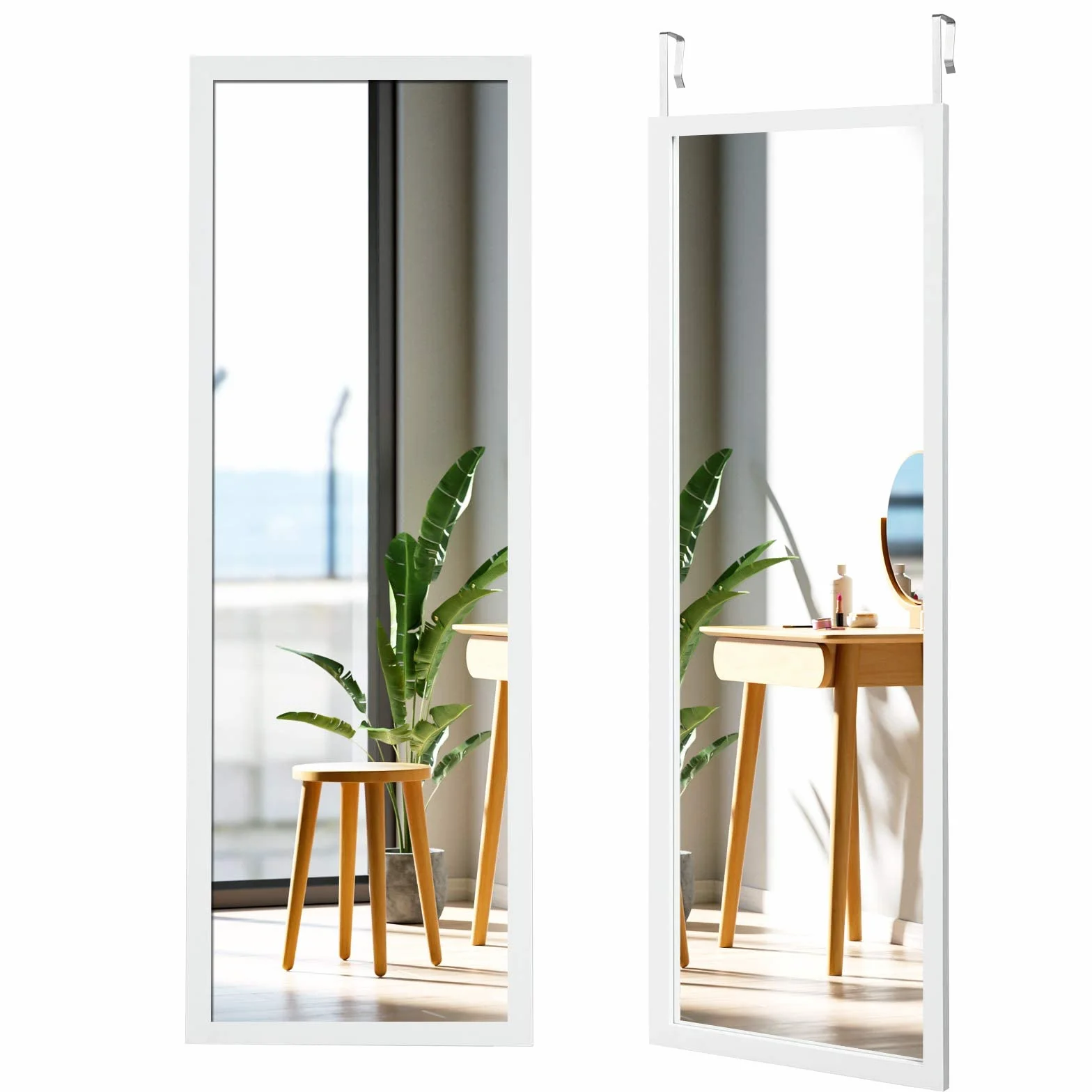 COSTWAY Lustro wiszące na drzwi lub ścianę, lustro pełnopostaciowe z regulowanymi wieszakami, lustro do sypialni, salonu i przedpokoju 120x37cm (Biały)