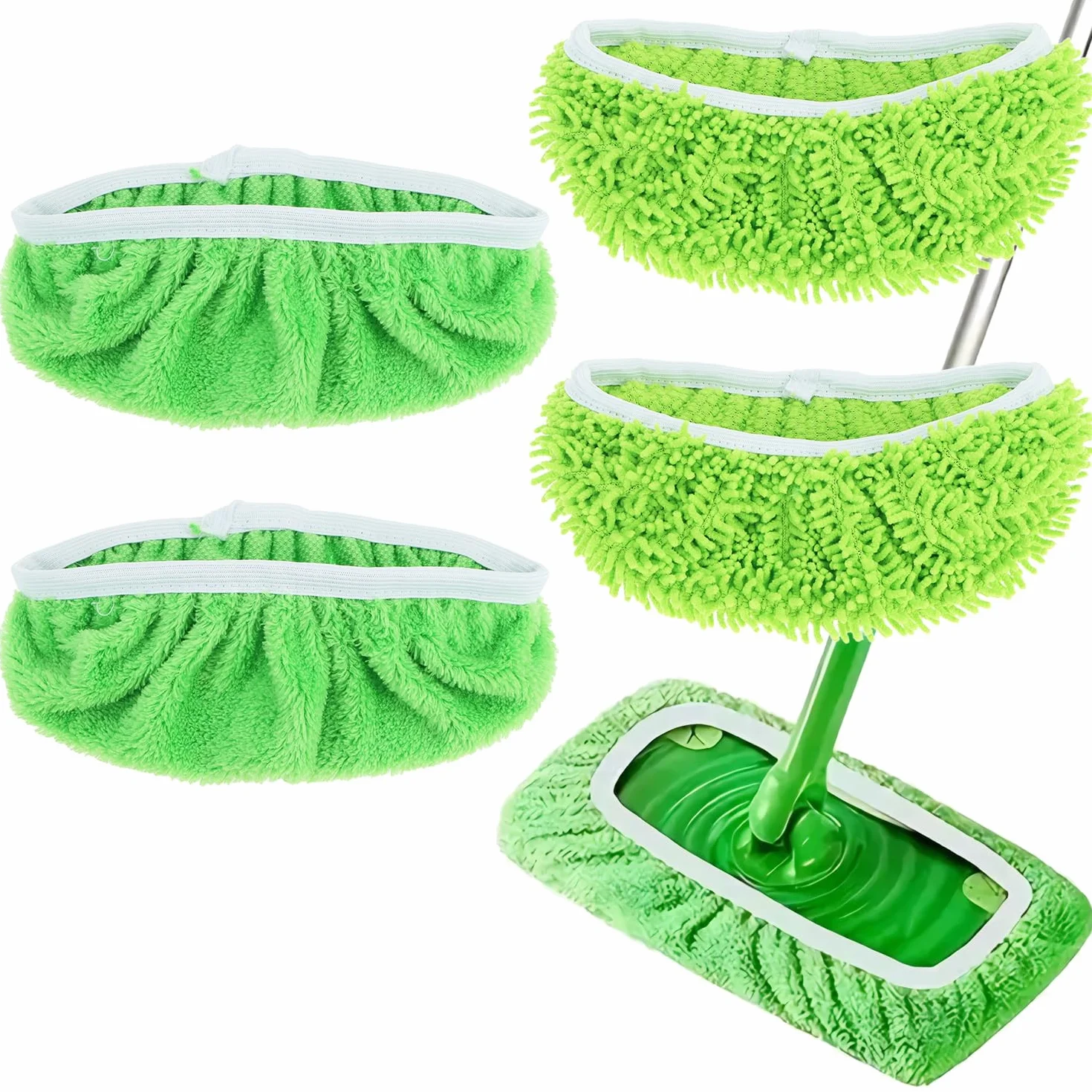 QWORK 4 sztuki podkładek z mikrofibry wielokrotnego użytku kompatybilne z mopem Swiffer - 2 x koralowy i 2 x szenilowy, zmywalne ściereczki podłogowe do twardych podłóg.