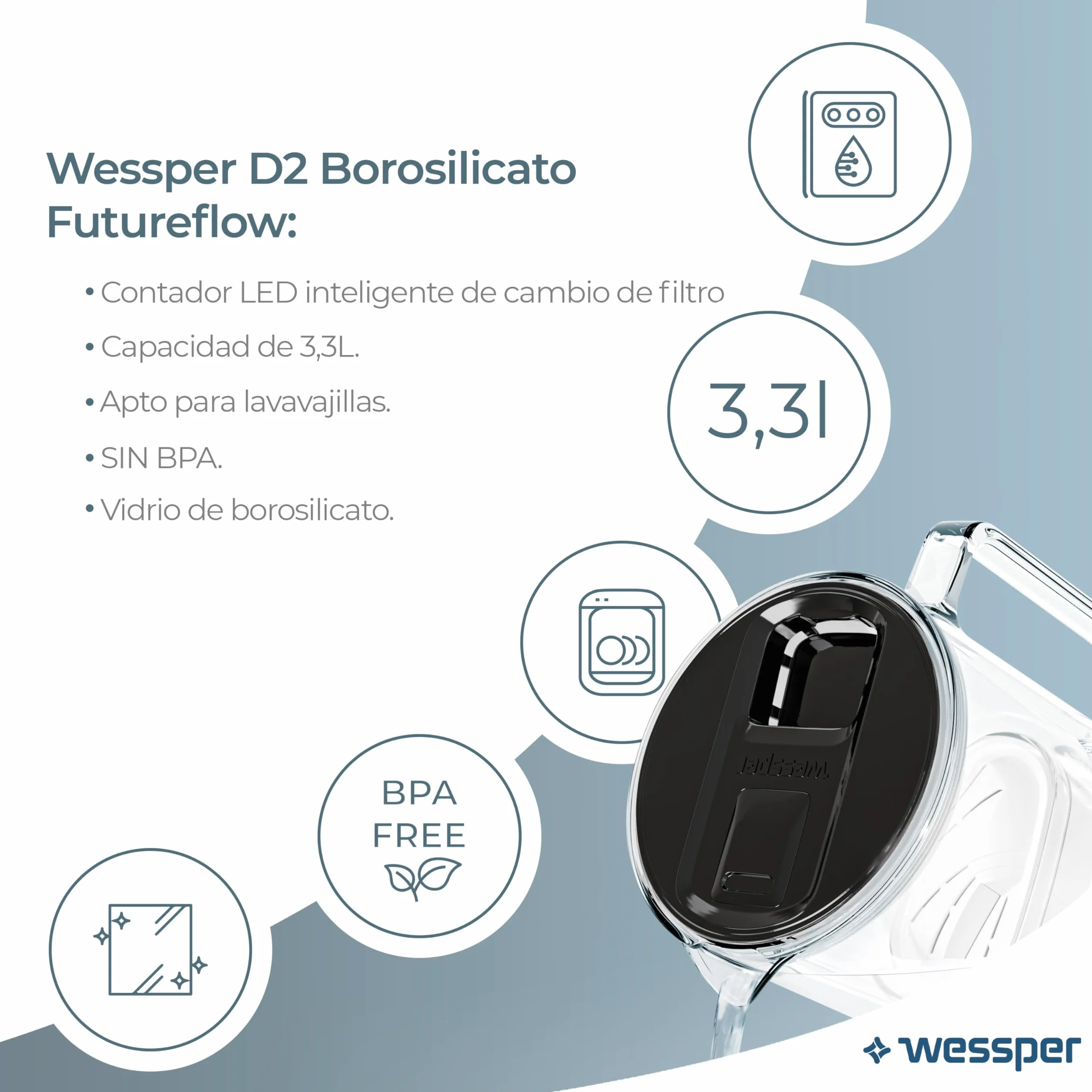 Wessper Dzbanek do filtrowania wody ze wskaźnikiem LED, 3 litry, dzbanek z filtrem wody, szklany dzbanek filtrujący wodę, bez BPA "Free BPA, czarny