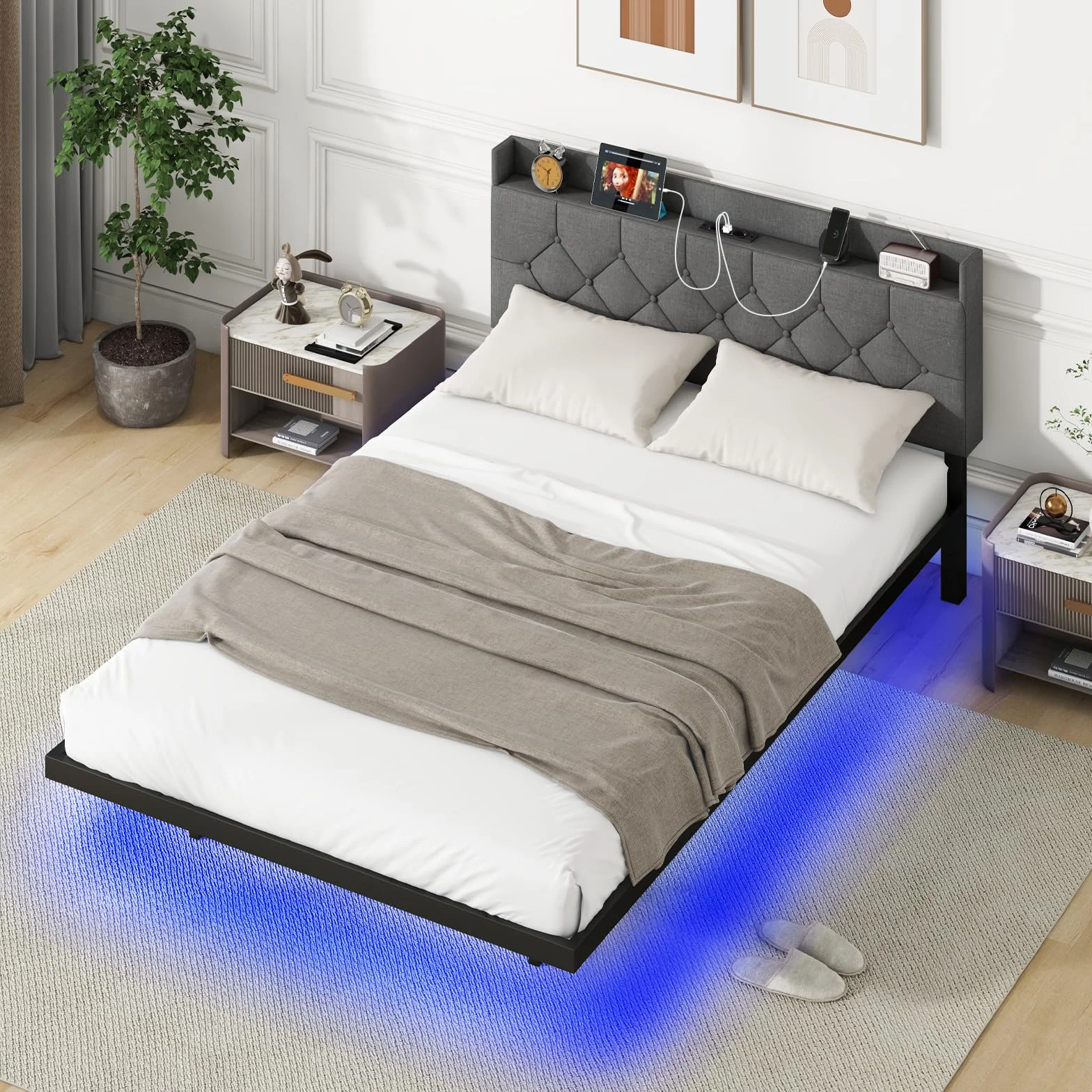 COSTWAY Łóżko tapicerowane z oświetleniem LED i stacją ładującą 140x200 cm z regulowanym zagłówkiem