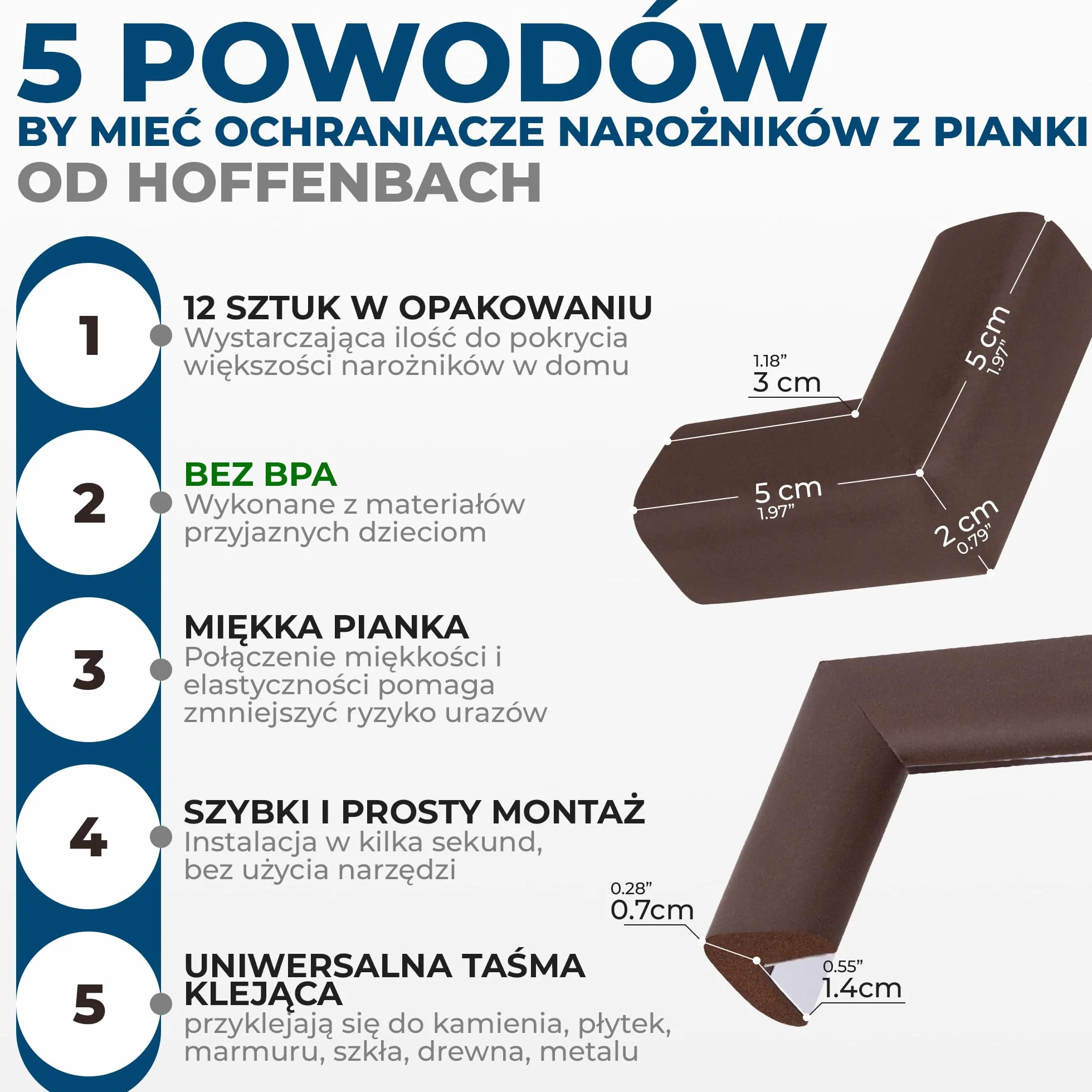 Hoffenbach 12x Ochrona Narożników dla Dzieci – Zabezpieczenie dla Niemowląt i Dzieci – Samoprzylepna Ochrona Krawędzi Stołu i Mebli, Miękkie Narożniki dla Bezpieczeństwa w Domu – Brązowy