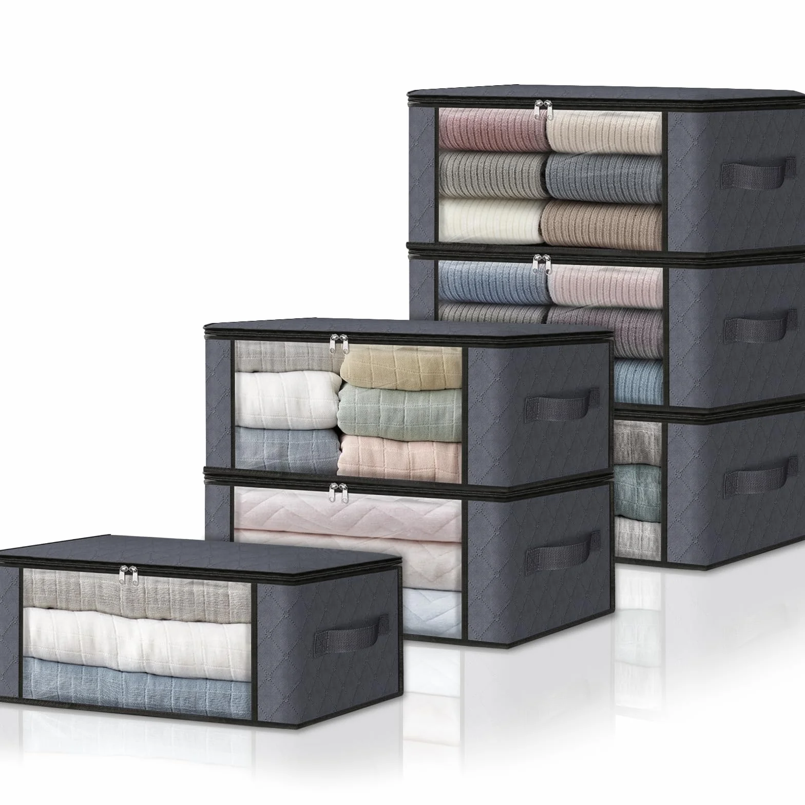 HomeHacks 6-pak organizer na ubrania, składane pudełko do przechowywania, z dużym, przezroczystym oknem, solidne uchwyty do szafy, akademika, poduszek, pościeli, ubrań, wypchanych zabawek, koców, szary