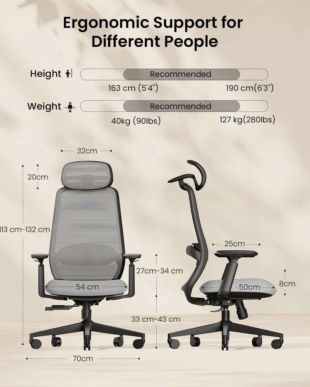 ProtoArc EC200 ergonomiczne krzesło biurowe, z regulacją wysokości i głębokości, podparcie okolic lędźwiowych, głębokość siedziska, regulacja wysokości, zagłówek 3D, krzesło komputerowe do biura