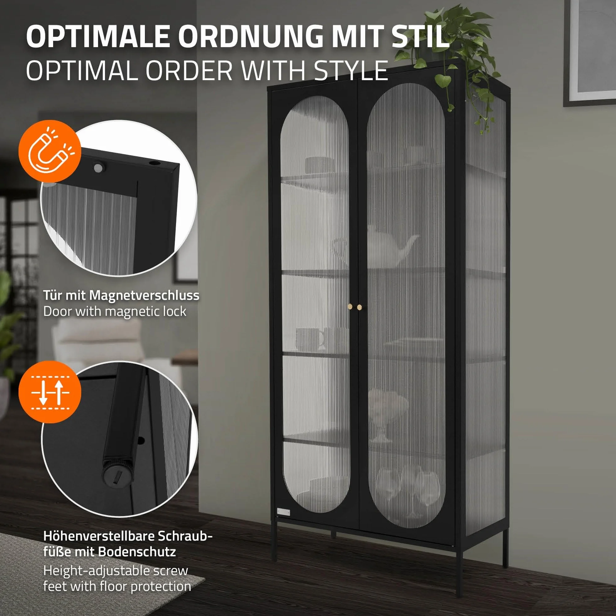 ML-Design Witryna 80x175x40 cm czarna z 5 pólkami i schowkami 2 drzwiami Metalowa szafka do salonu ze stali w stylu industrialnym wysoka idealna na ksiazki dokumenty lub jako szafka podlogowa