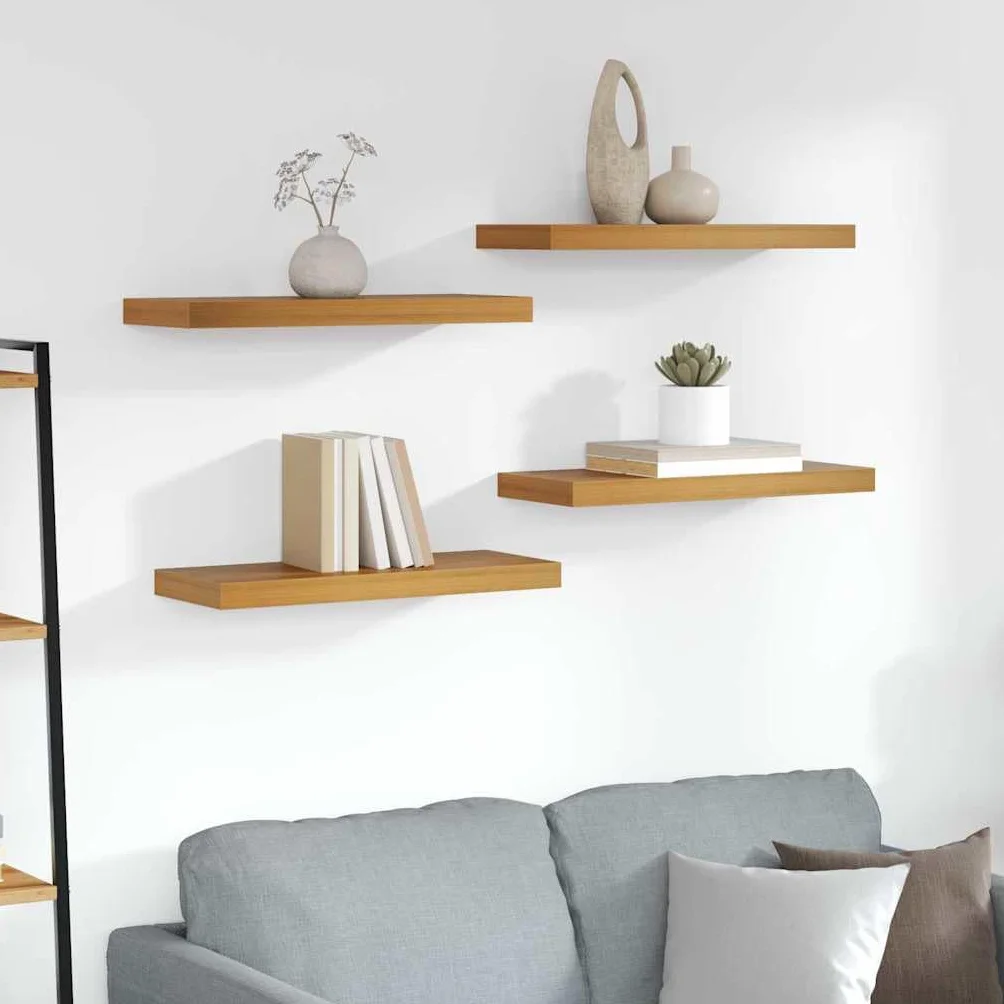 Regał ścienny, montowany na ścianie, zestaw 4 sztuk, brązowy materiał drewnopochodny, 60 x 23 x 4 cm, nowoczesny design, regał wiszący do salonu, sypialni, kuchni, łazienki, trwały