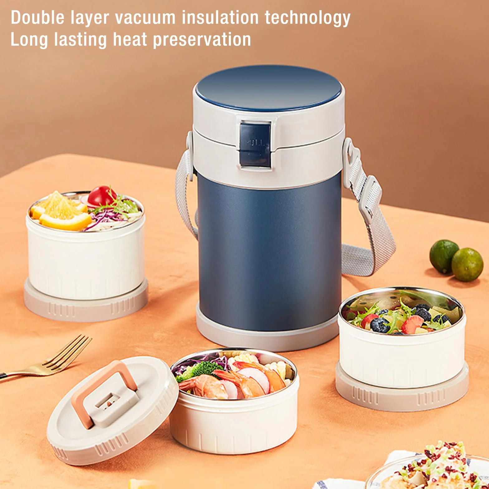 Bento Lunch, Snack Box, Lunch Box, 2.3L Izolowana Butelka Lunchowa Szerokość Ustnika Pojemnik Na Gorące Jedzenie 3-poziomowy Izolowany Lunch Box Ze Stali Nierdzewnej z Paskiem Na Ramię Do Szkoły Pikni