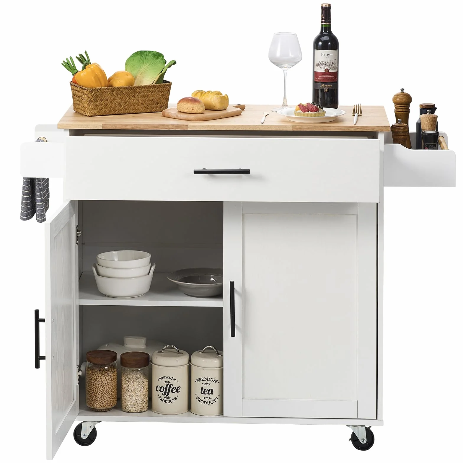 VEVOR Centralna wyspa 90 x 39 cm deska kuchenna z kółkami 1 szafka z 1 szufladą Szafka kuchenna z drewnianą deską roboczą 90x29 cm Uchwyt na przyprawy Wieszak na ręczniki do przechowywania Bar Kuchnia