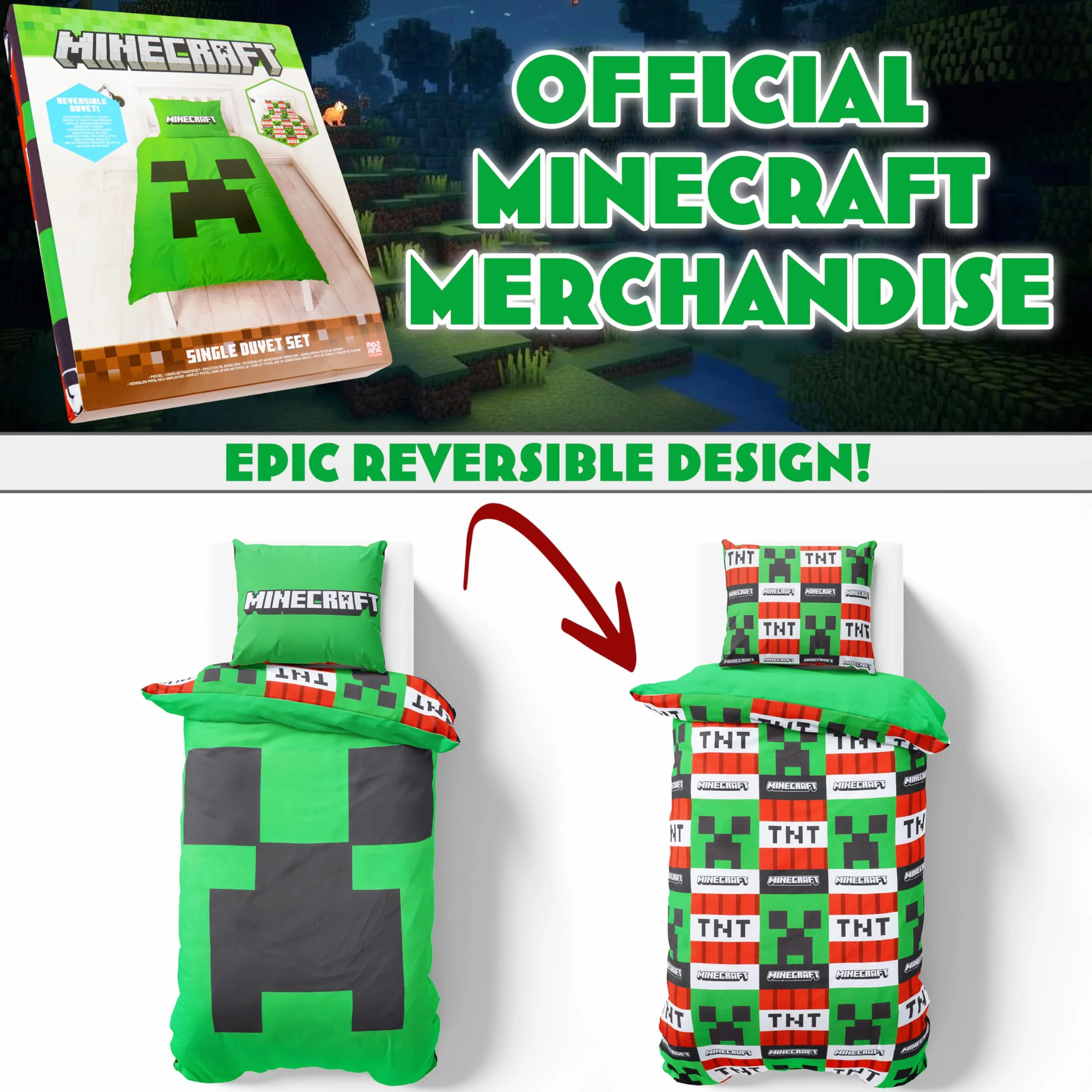 Minecraft Pojedynczy zestaw poszewek na kołdrę dla dzieci, dwustronna pościel i poszewka na poduszkę
