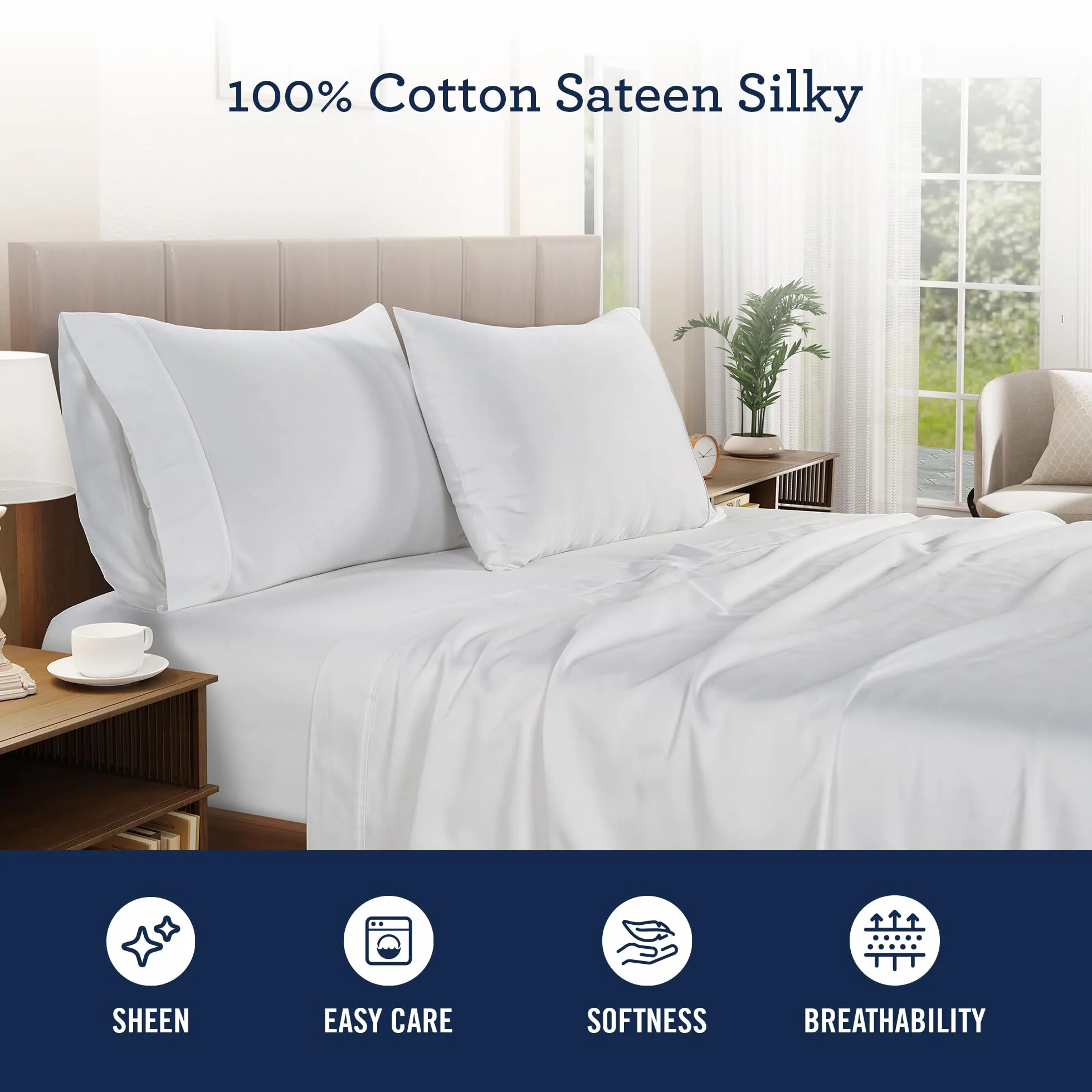 IZOD - Silky Sateen zestaw pościeli bawełnianej, gładkie i maślane uczucie, bawełna z długimi zszywkami, prześcieradła z głębokimi kieszeniami (300 TC, pełne/białe)