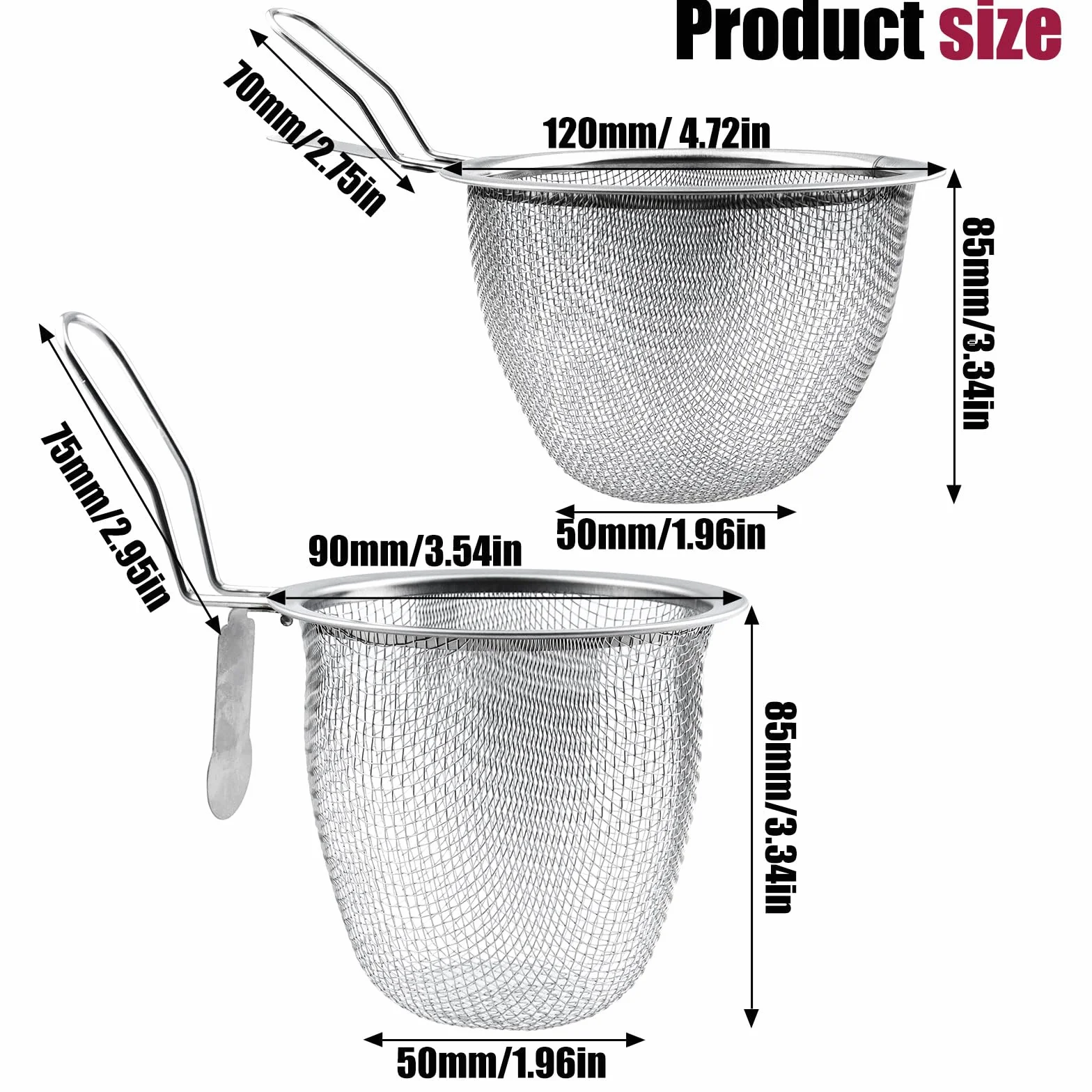 2 sztuki sita do fondue, stalowy kosz na makaron z uchwytem, kosz do smażenia do gotowania i smażenia, z haczykami (2 rozmiary, srebrny)