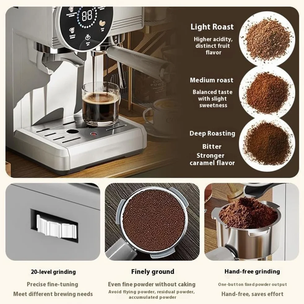Ekspres do kawy 220 V komercyjny z funkcją kontroli temperatury, młynek do kawy ziarnistej 1350 W, 20 poziomów drobnego mielenia, możliwość przygotowania latte