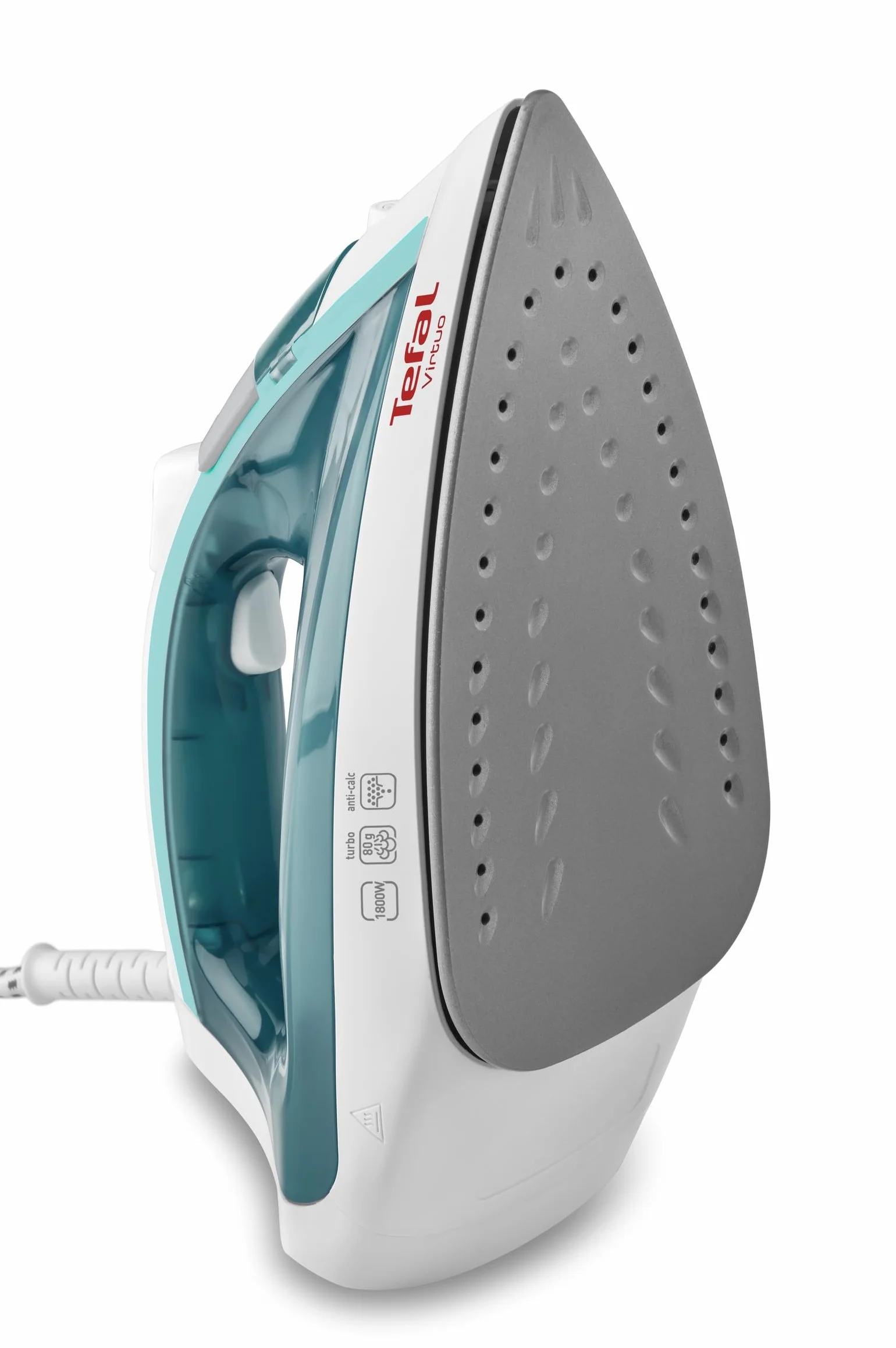 TEFAL FV1710 VIRTUO żelazko parowe, 1800 W, ciągły wyrzut pary do 24 g/min, prasowanie w pionie, system odkamieniający, nieprzywierająca powłoka, uderzenie pary do 80 g/min, biały-turkusowy