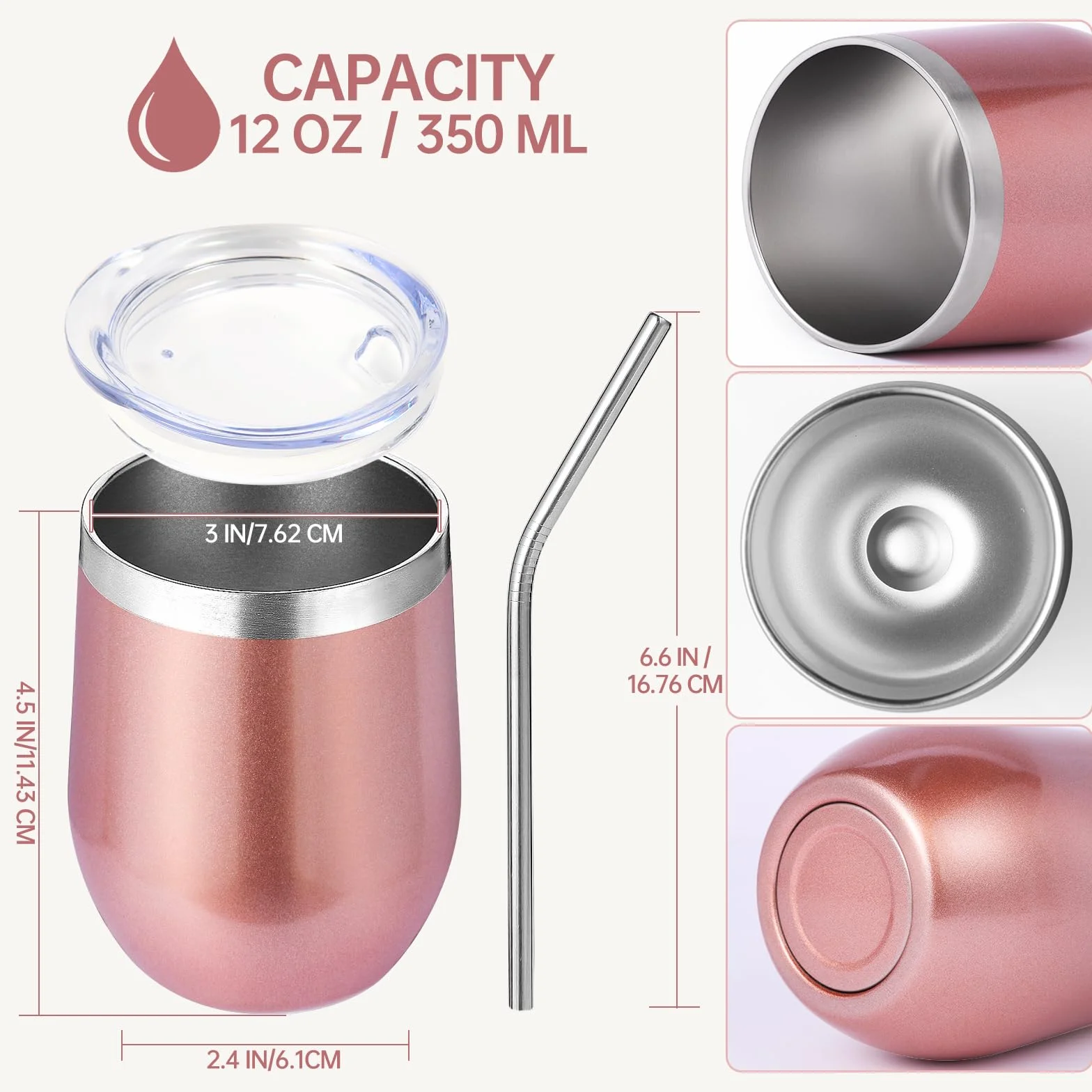 Volhoply prezenty świąteczne, 8-pack kubków do wina 350ml, stal nierdzewna, bez nóżek, z pokrywkami, podwójna ścianka próżniowa, kubki do kawy podróżne, z słomką, 8 sztuk (różowe złoto)