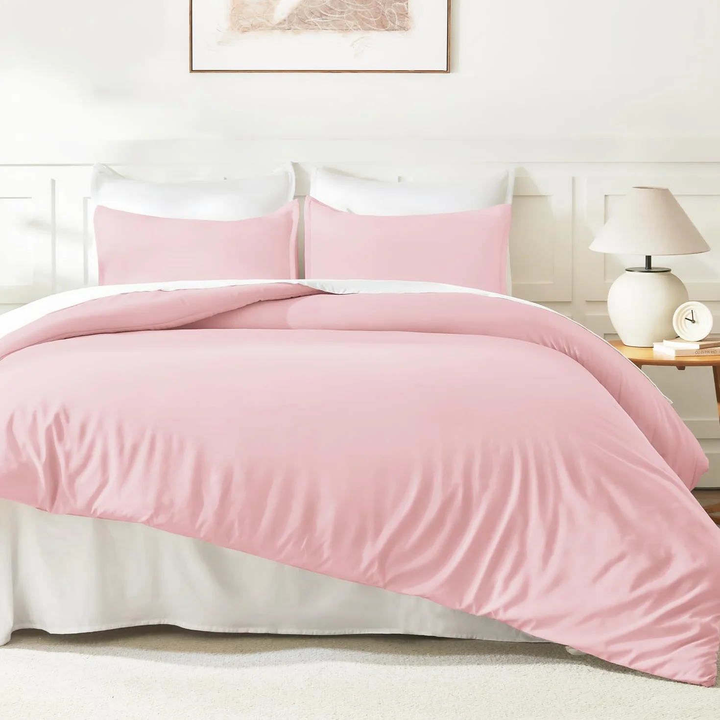 Litanika 3-częściowy komplet pościeli w rozmiarze full size, lekki, uroczy, miękki, jednolity zestaw pościeli całorocznej (kołdra 200 x 229 cm i 2 poszewki na poduszkę), różowy