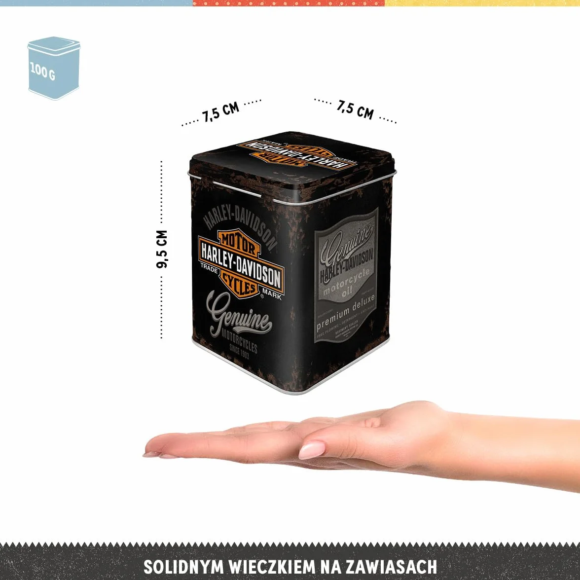 Nostalgic-Art Retro puszka na herbatę, 100 g, Harley-Davidson – Genuine Logo – Pomysł na prezent dla motocyklistów, Official License Product (OLP), metalowy pojemnik na herbatę, Styl vintage