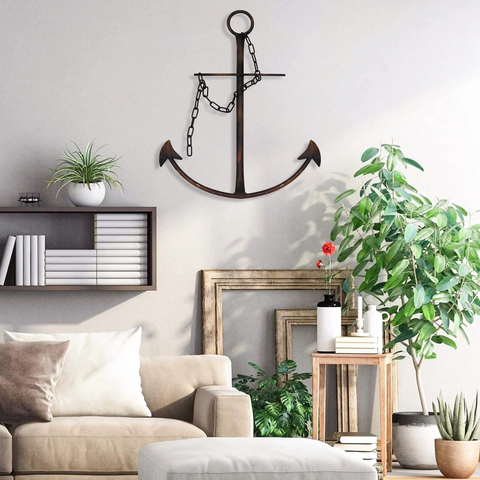 Dekoracja ścienna z kotwicą morską, antyczna metalowa kotwica, artystyczna dekoracja ścienna z łańcuszkiem do sypialni, salonu, akademika, domu, 33 cm, antyczna kotwica z łańcuchem, dekoracja