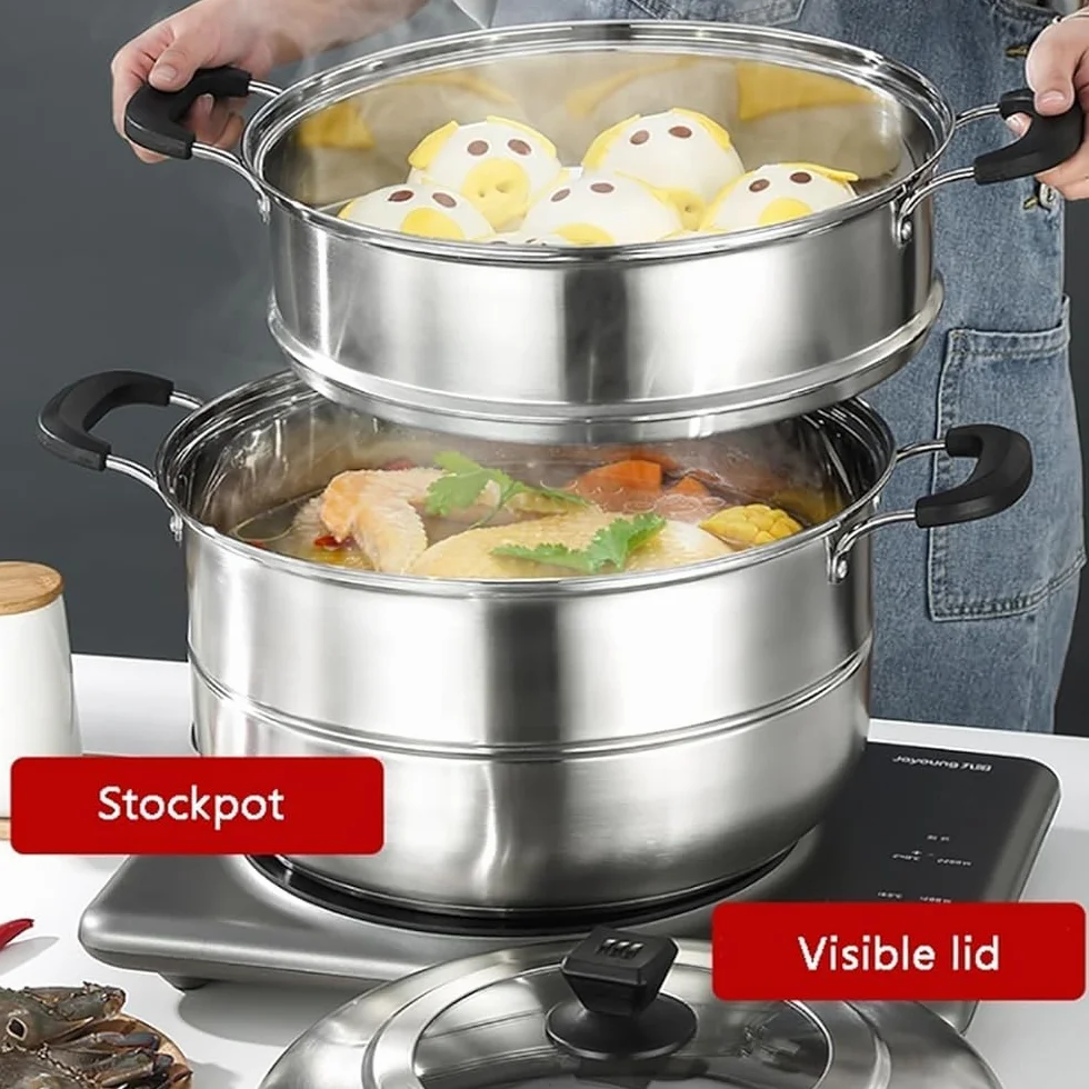 Garnek do gotowania na parze ze stali nierdzewnej, 3-warstwowa duża pojemność do kuchenki gazowej, 36 cm, 38 cm, 40 cm, pogrubiona konstrukcja