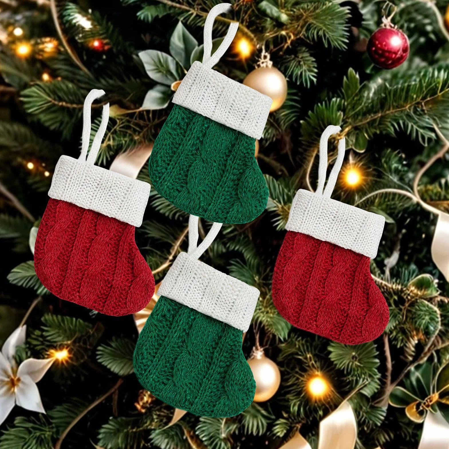 POPOYU 4 szt. mini pończoch bożonarodzeniowych, 10,9 cm dzianinowe pończochy świąteczne, 2 pary czerwone i zielone małe skarpety świąteczne wiszące dekoracje, ozdoby choinkowe, artykuły dekoracyjne na