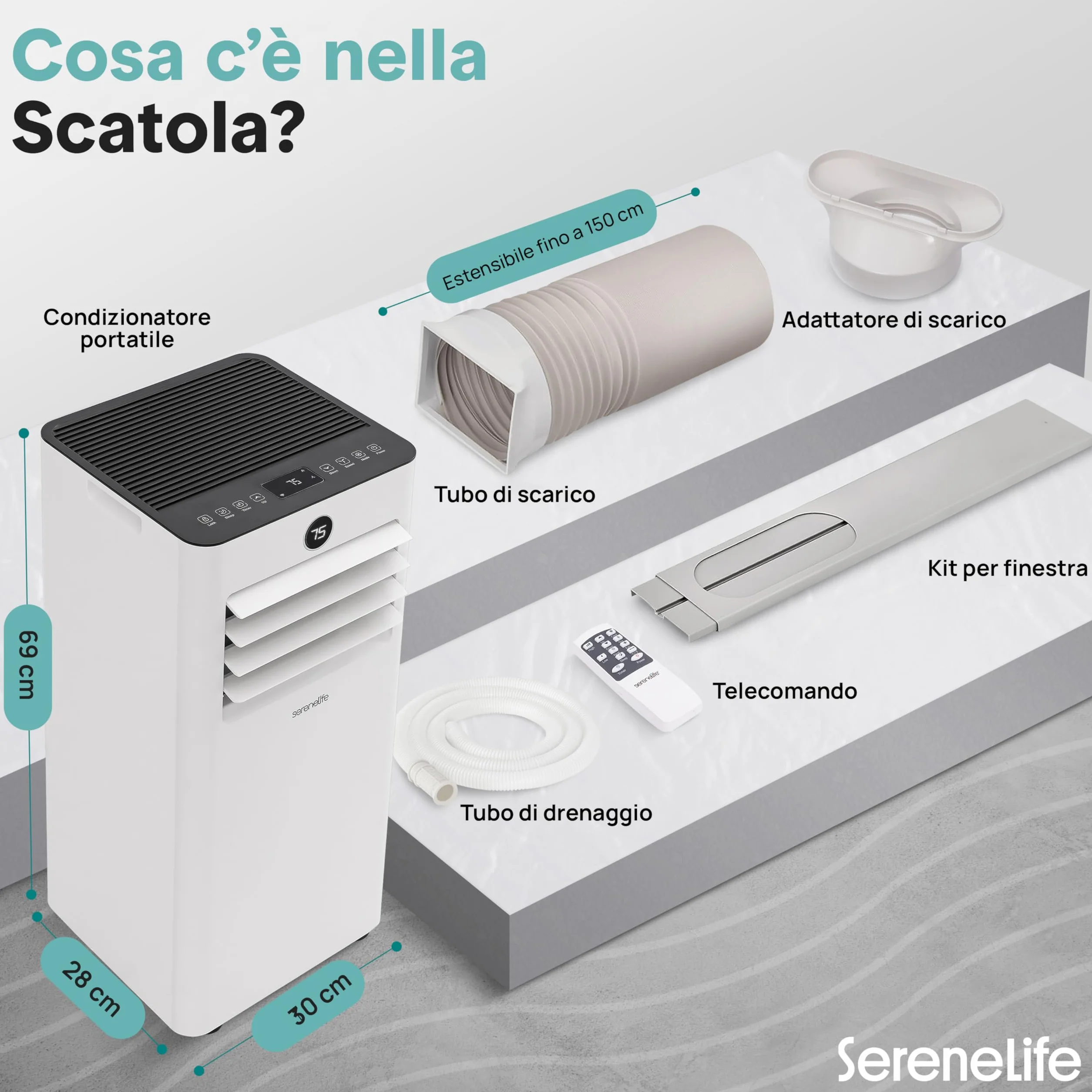 SereneLife przenośna klimatyzacja i ogrzewanie – mobilny klimatyzator 9000 BTU z zestawem okiennym, cicha praca, 3 tryby, 12-godzinny timer, funkcja Wi-Fi, do domu i biura