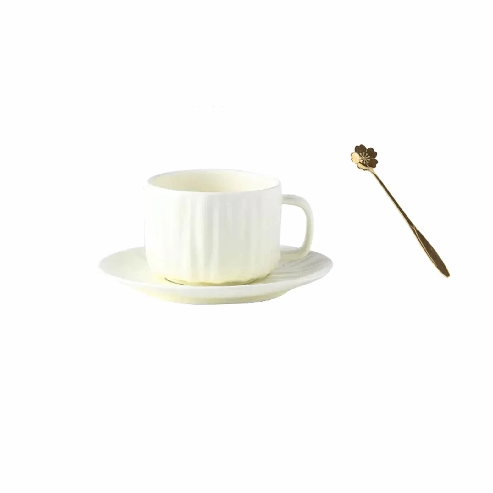 Kubki do kawy, Zestaw ceramicznych filiżanek do kawy 250 ml ze spodkiem i łyżeczką, biało-zielony(White)