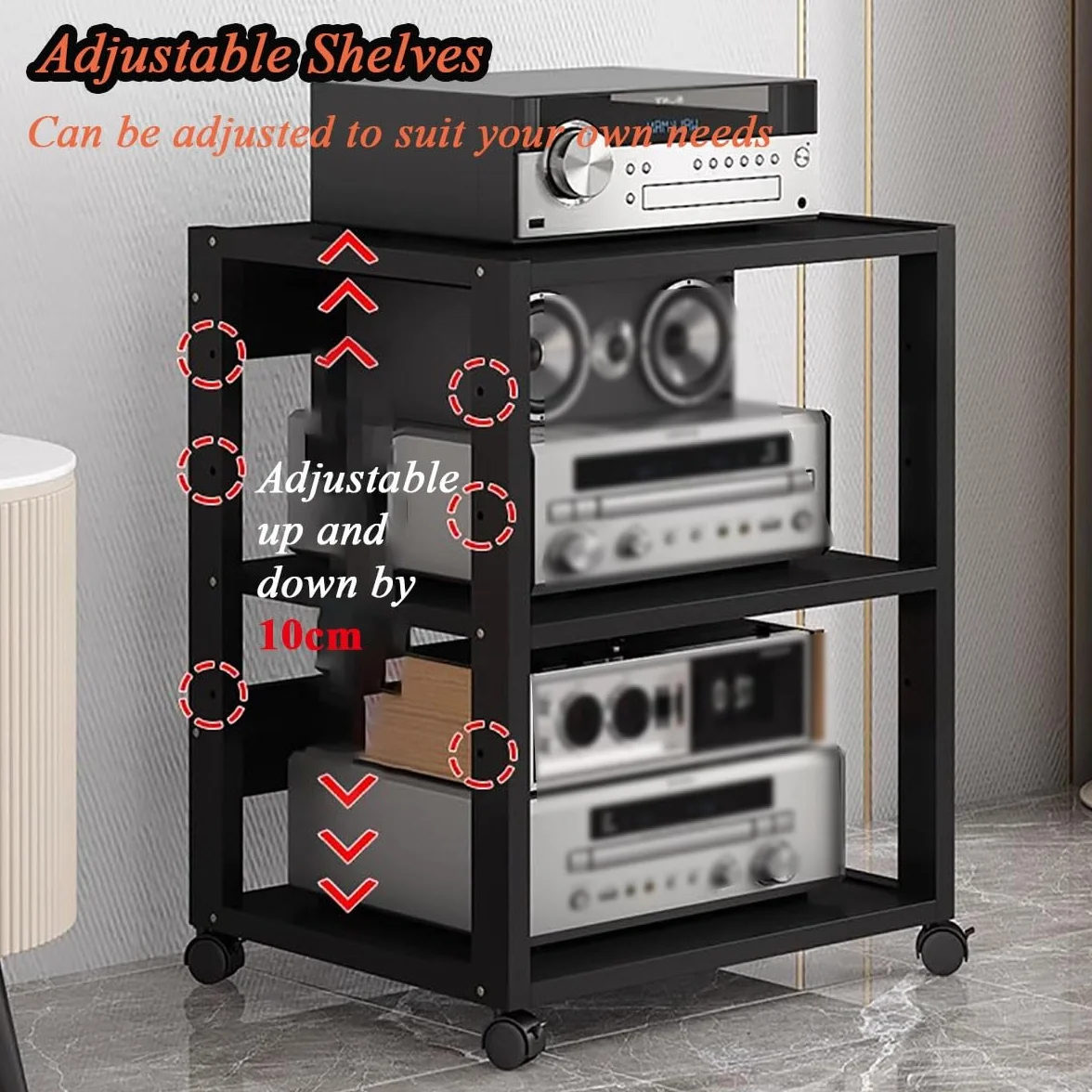 7-poziomowa wieża audio – nowoczesne wzornictwo przemysłowe regulowane półki, pojemność 299 kg, szafka na płyty CD i gramofon, solidne czarne rozwiązanie do przechowywania dla miłośników muzyki