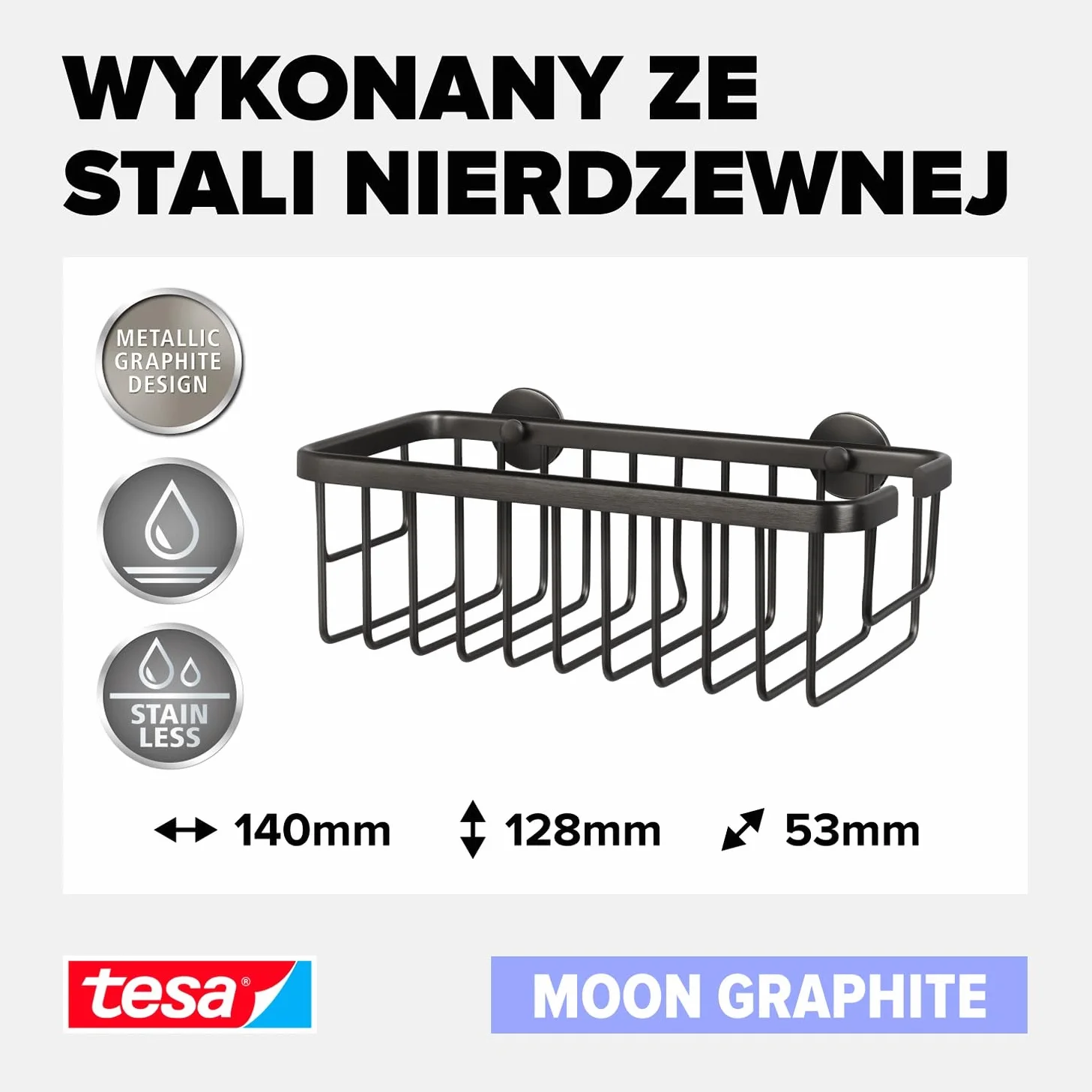 tesa MOON samoprzylepna półka prysznicowa - kolor grafitowy - jednopoziomowa i bardzo głęboka - półka prysznicowa z metalu pokrytego powłoką PVD - bez wiercenia, z klejem - 92 mm x 250 mm x 125 mm