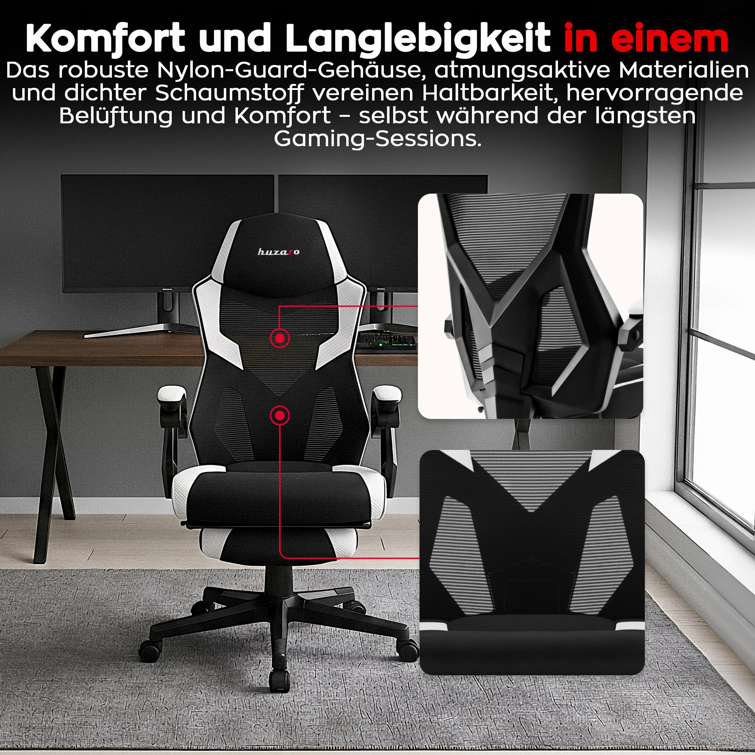 huzaro Combat 3.1 krzesło biurowe dla graczy, ergonomiczne krzesło z podnóżkiem, regulowane oparcie 135°, oddychająca siatka, obciążenie do 150 kg, ciche kółka, kolor biały