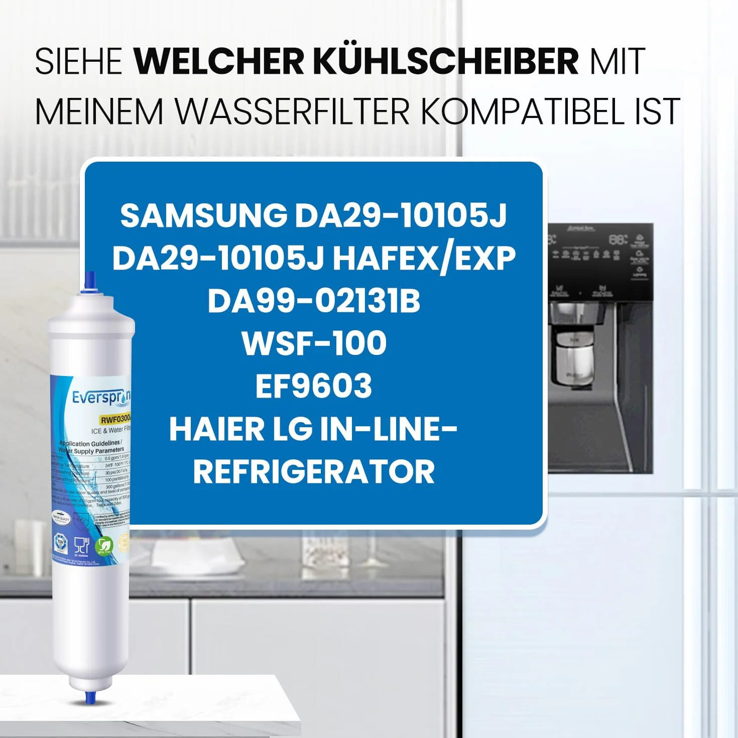 EVERSPRING Filtr wody do lodówki Kompatybilny z Samsung DA29-10105J, DA29-10105J HAFEX/EXP, DA99-02131B, WSF-100, EF9603, LG Inline Lodówka, 4 sztuki.