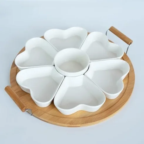 Obrotowa porcelanowa taca do serwowania z pokrywką, podzielone naczynia na przekąski, frytki, dipy i warzywa