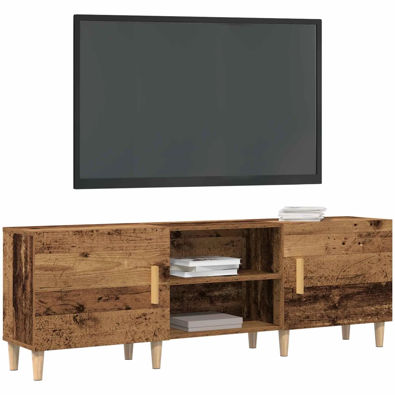 Générique Szafka pod telewizor Antyczna drewniana 150 x 30 x 50 cm Drewno Ingenierie | Solidne półki, drewniane nogi stożkowe, drzwi z czarnymi stalowymi uchwytami D, przechowywanie multimediów