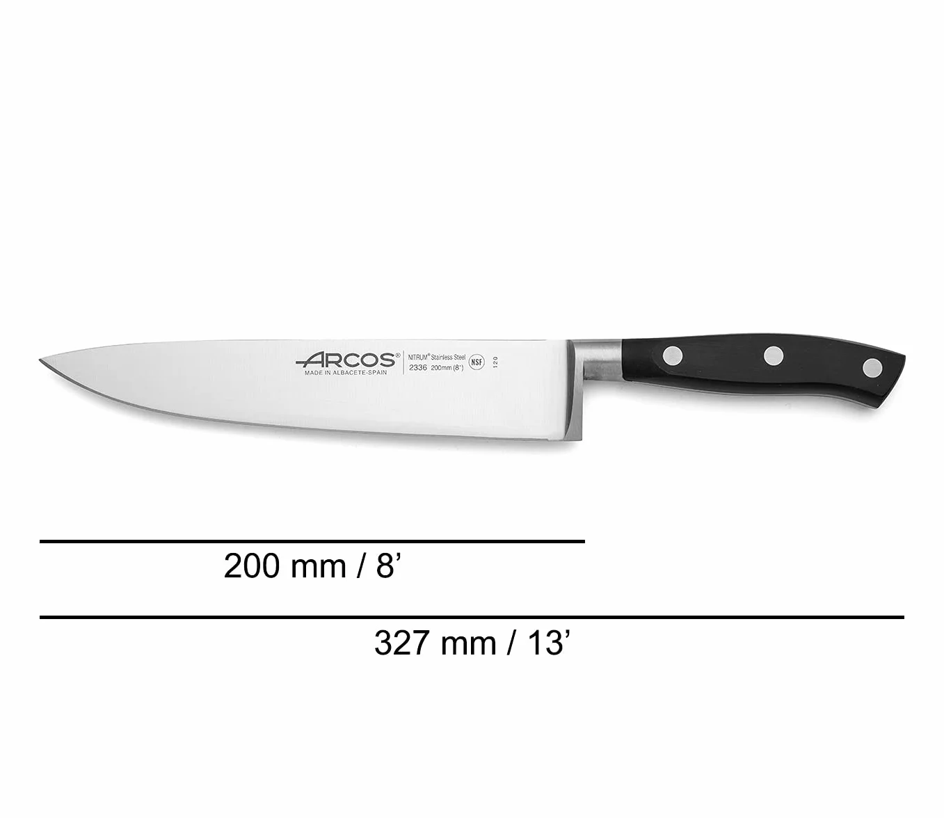 Arcos Zestaw noży kutych, 3-częściowy zestaw noży azotowych ze stali nierdzewnej i ostrze mm, 729 gr, mały i lekki, ergonomiczny uchwyt z polioksymetylenu POM, seria Riviera, cienkie ostrze z gładką