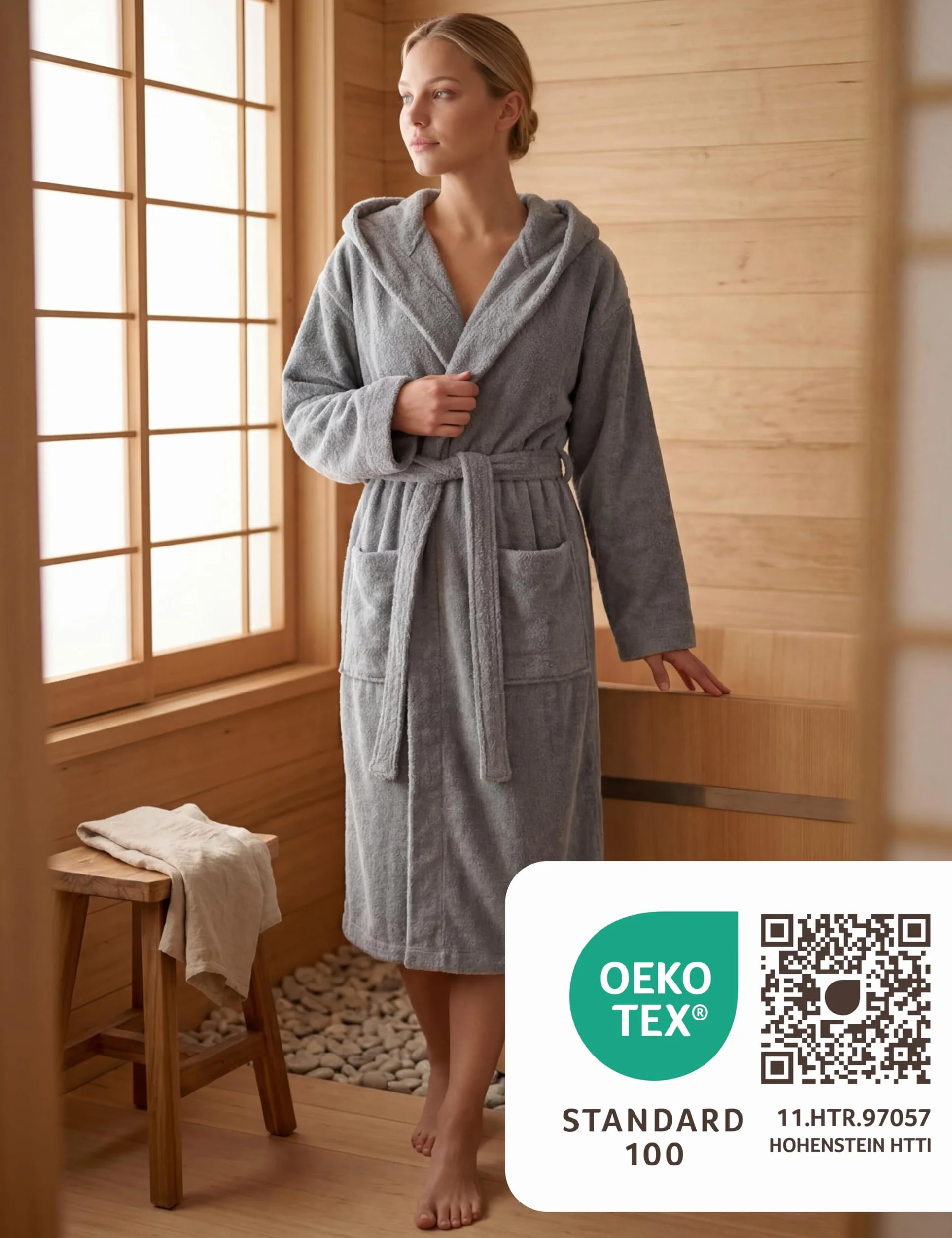 Szlafrok Damski z Kapturem 100% Bawełna Frotte 380 g/m² – Długość do Łydki, Rozmiary S–XXL