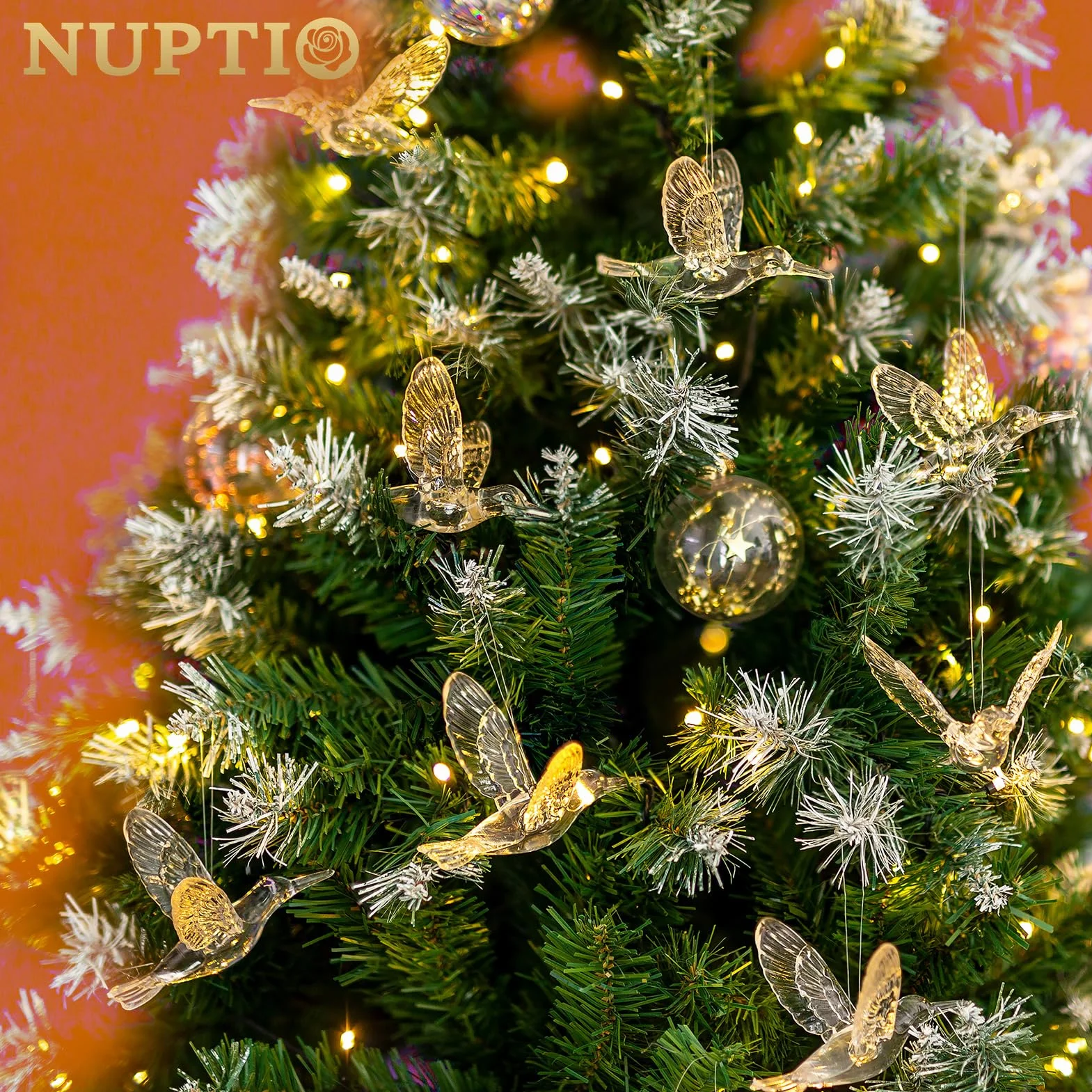 NUPTIO 50 szt. dekoracji ptaków szklane wiszące ozdoby na choinkę wielkanocną, Boże Narodzenie i sezonowe dekoracje z przezroczystą linią 295 m