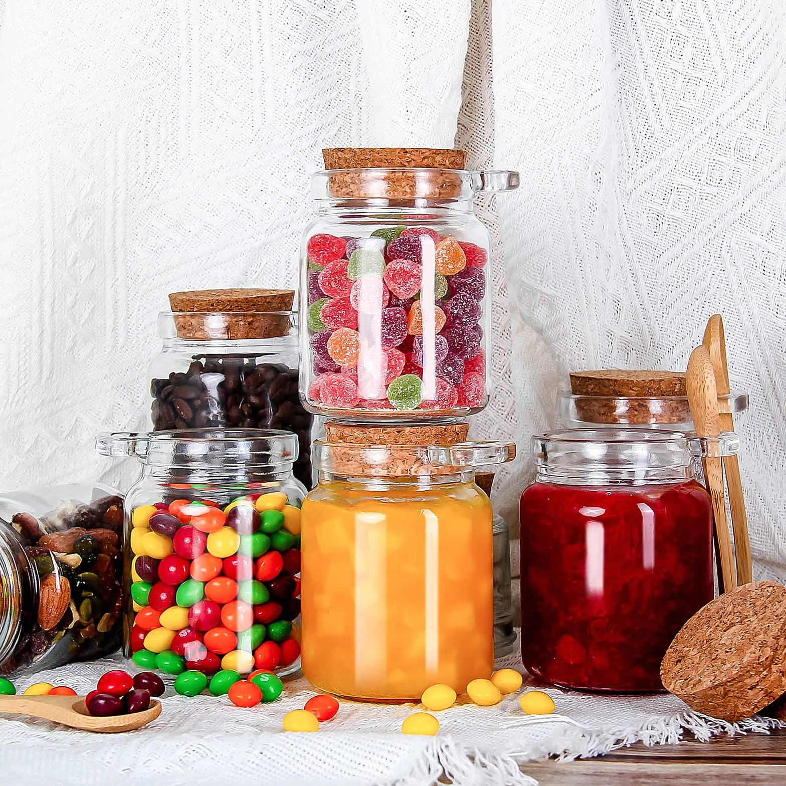 YEBODA Małe szklane słoiki do przechowywania 295 ml z pokrywkami korkowymi i łyżkami pojemniki na jogurt do spiżarni, łazienki, przypraw, miodu, musu, słodyczy, produkcji świec, DIY i sztuki, zestaw