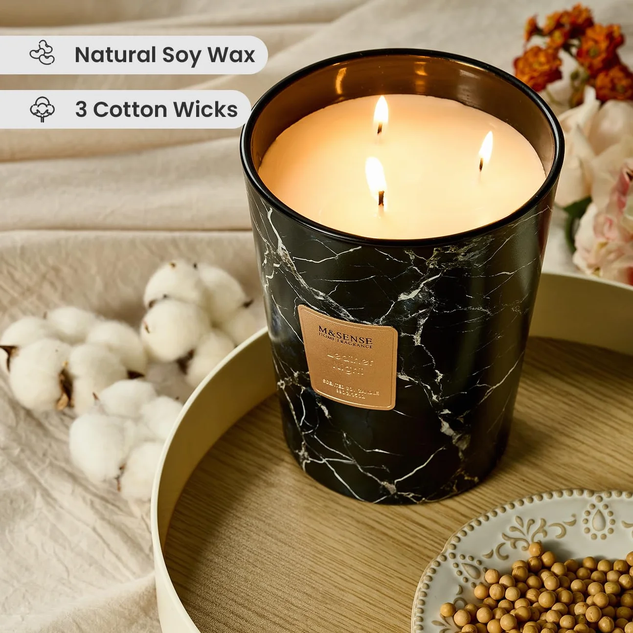 M&SENSE 990 g świeca zapachowa duża, czarna, skórzana, nocne świece zapachowe w szkle, naturalny wosk sojowy, prezent dla kobiet i mężczyzn, Boże Narodzenie, czas palenia 150 h, 3 knoty, Home Scented