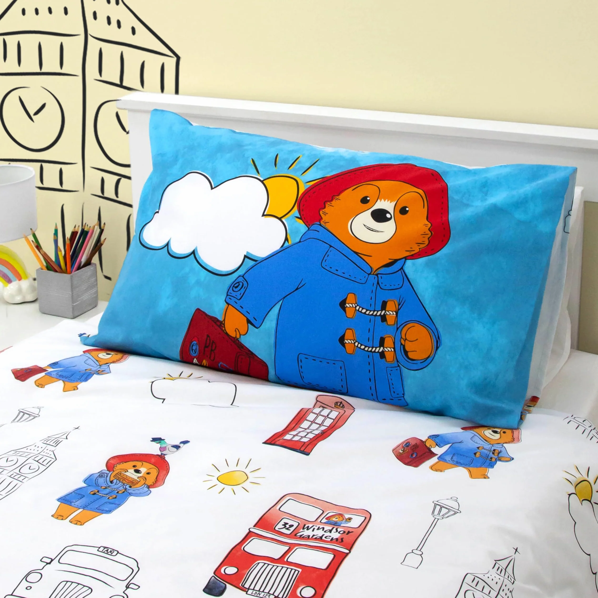 Character World Oficjalny zestaw poszewek na kołdrę Paddington Bear™ | 2-stronna dwustronna konstrukcja stacji, dopasowana poszewka na poduszkę, zestaw na pojedyncze łóżko, biały i niebieski, bawełna
