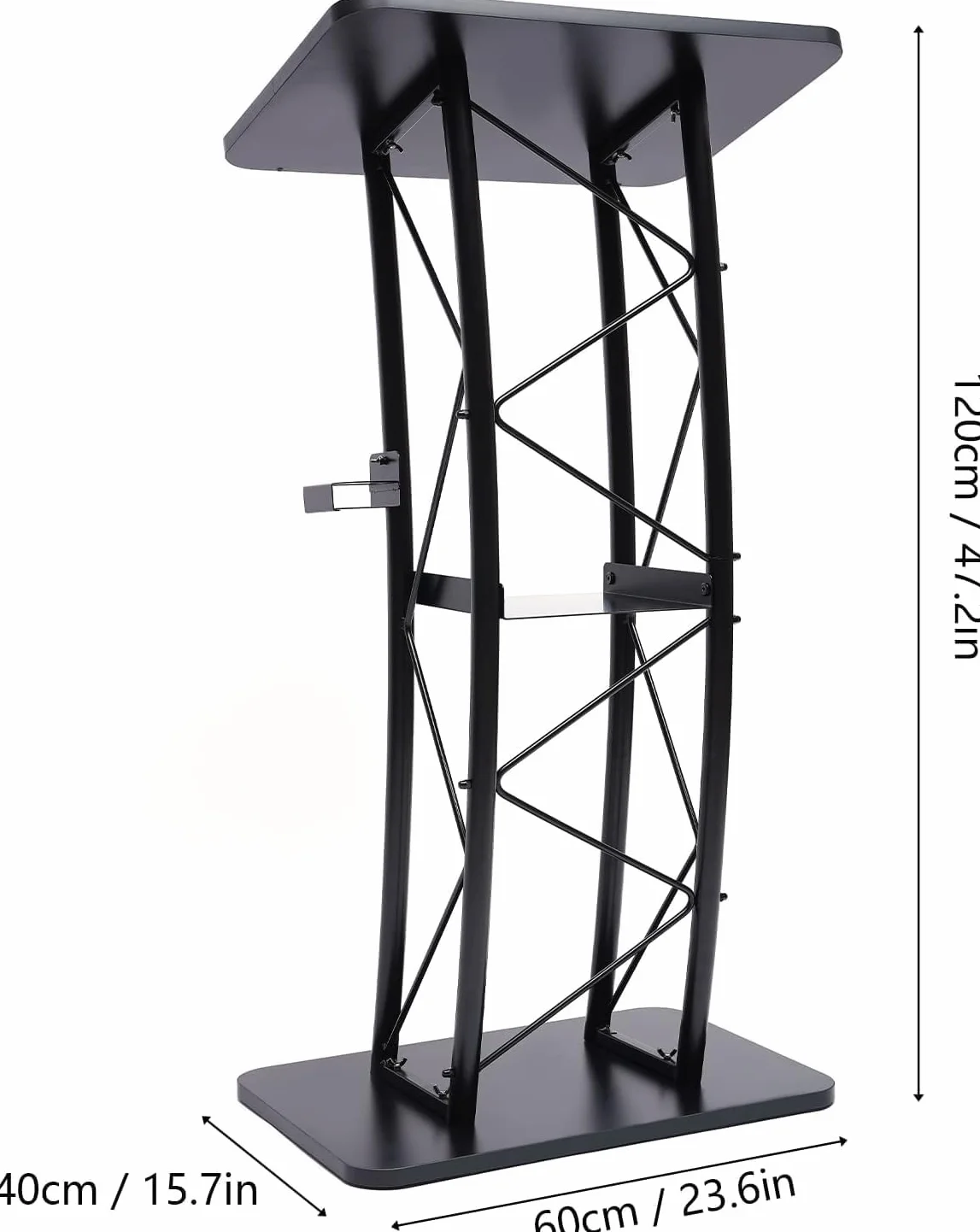 Czarny zakrzywiony metalowy stojak na podium, mównica stojąca z uchwytem na kubek, 40 x 60 x 120 cm, do biura, szkoły i na imprezy